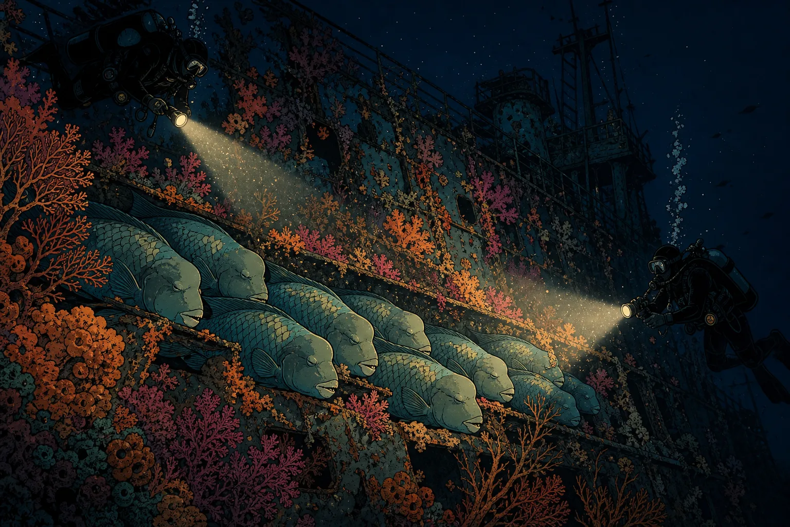 Cel-shaded illustration of the USAT Liberty shipwreck at Tulamben, Bali at night, two divers with crossed torch beams revealing a row of sleeping bumphead parrotfish nestled along the coral-encrusted hull.