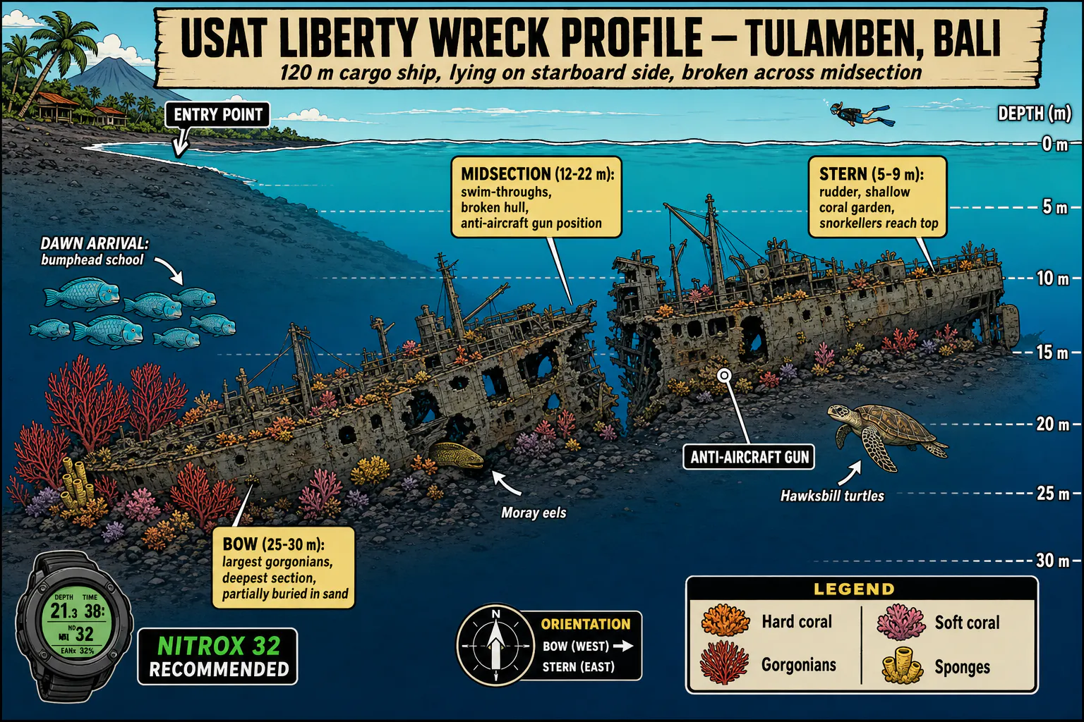 Side-view technical diagram of the USAT Liberty wreck at Tulamben showing the full 120-metre length, depth profile from 5 metres at the stern to 30 metres at the bow, the broken midsection swim-through area, the anti-aircraft gun position, the bow section with the most coral growth, and the shore-entry point on the black sand beach.