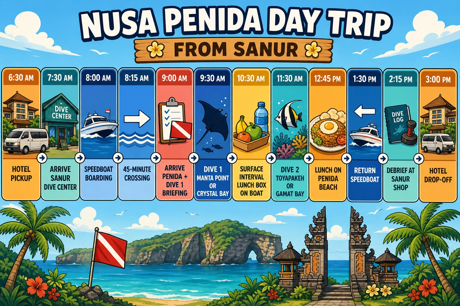 Cel-shaded horizontal infographic of a Nusa Penida day trip timeline from Sanur, showing colour-coded segments from 6:30 AM hotel pickup through 7:30 AM dive shop arrival, 8:00 AM speedboat boarding, 8:15 AM 45-minute crossing, 9:00 AM briefing, 9:30 AM dive 1 (Manta Point or Crystal Bay), 10:30 AM surface interval on boat, 11:30 AM dive 2 (Toyapakeh or Gamat Bay), 12:45 PM Penida beach lunch, 1:30 PM return speedboat, 2:15 PM Sanur shop debrief, 3:00 PM hotel drop-off, with palm trees and Balinese temple gates at the bottom.