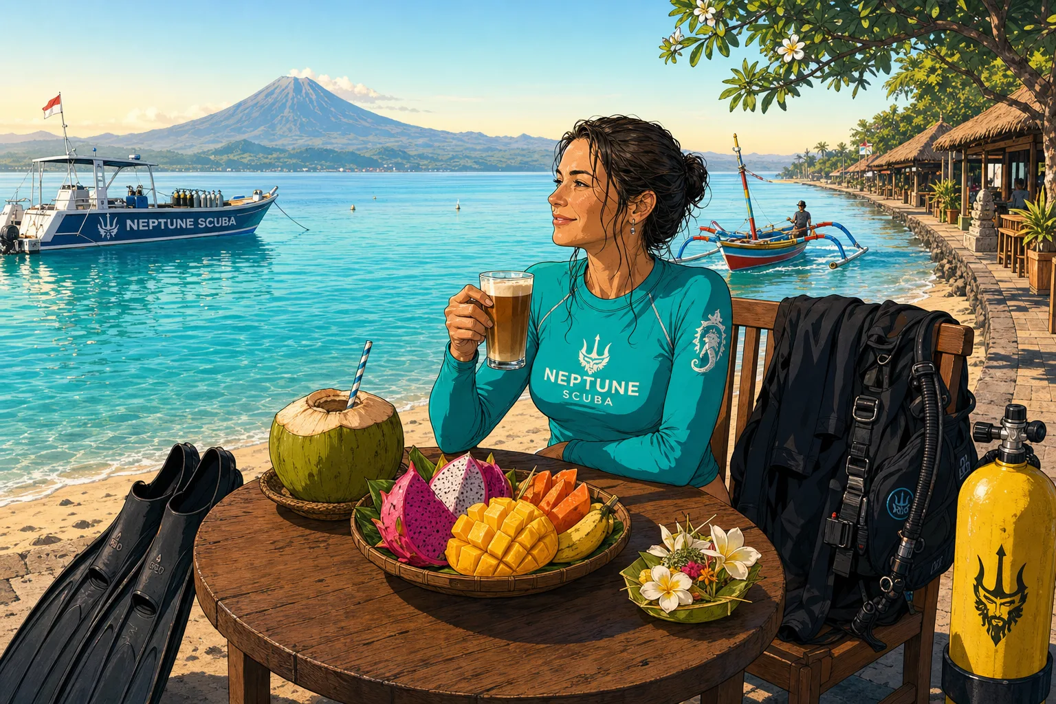 Cel-shaded illustration of a relaxed woman in a Neptune Scuba turquoise rashguard with damp hair, sitting at a small wooden table on the Sanur beach promenade at golden hour eating a colourful Balinese fruit plate with a coconut and Balinese coffee, with her drying wetsuit on the chair next to her, a yellow scuba tank on the sand, the calm turquoise Sanur lagoon with a Neptune Scuba dive boat anchored offshore and Mount Agung silhouetted in the distance.