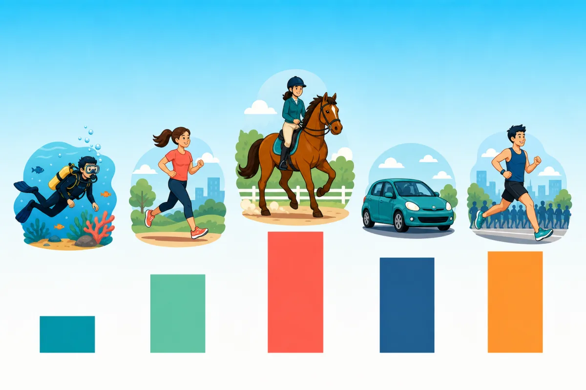 Cel-shaded infographic-style illustration comparing everyday activity risks: small stylised icons of a scuba diver, a jogger, a horse rider, a car and a marathon runner arranged on a soft gradient background with simple relative-size risk bars beneath each, the scuba diver's bar among the smallest, drawn in flat vibrant colours with clean outlines.