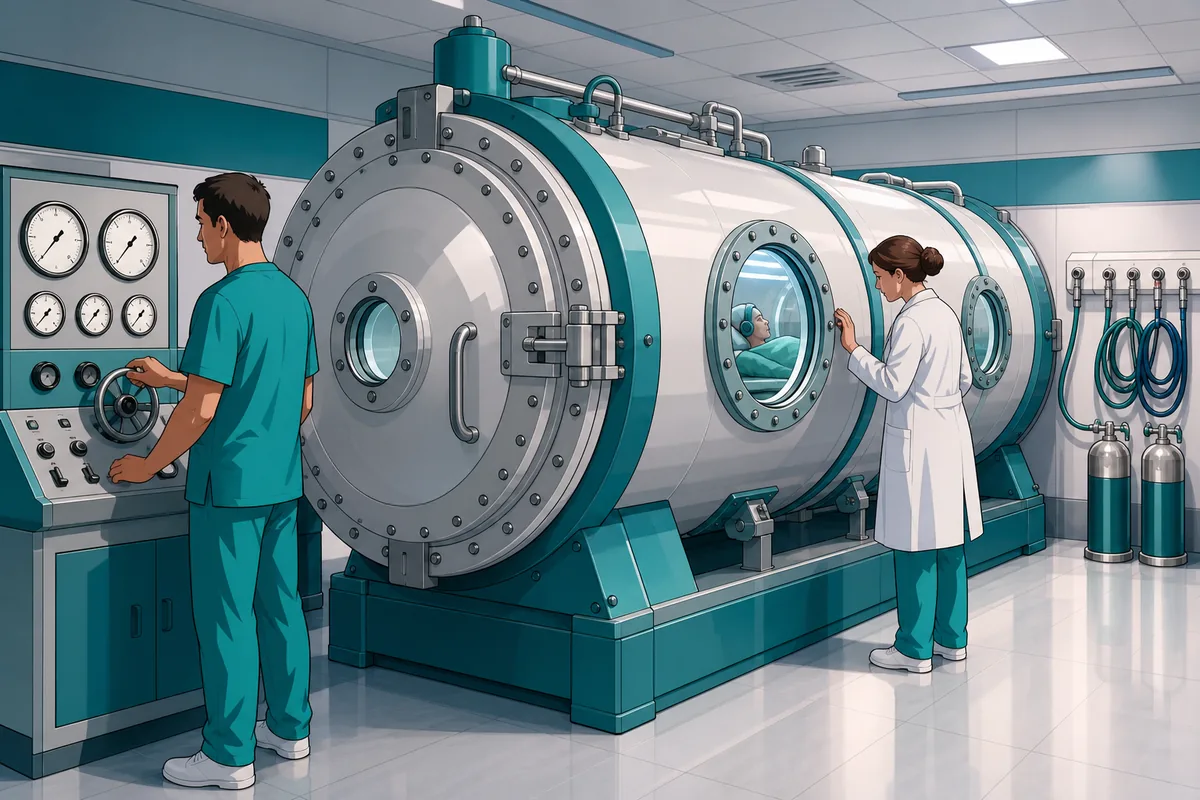 Multiplace recompression chamber in a Bali hospital with medical staff at the control panel, used for treating decompression illness in divers
