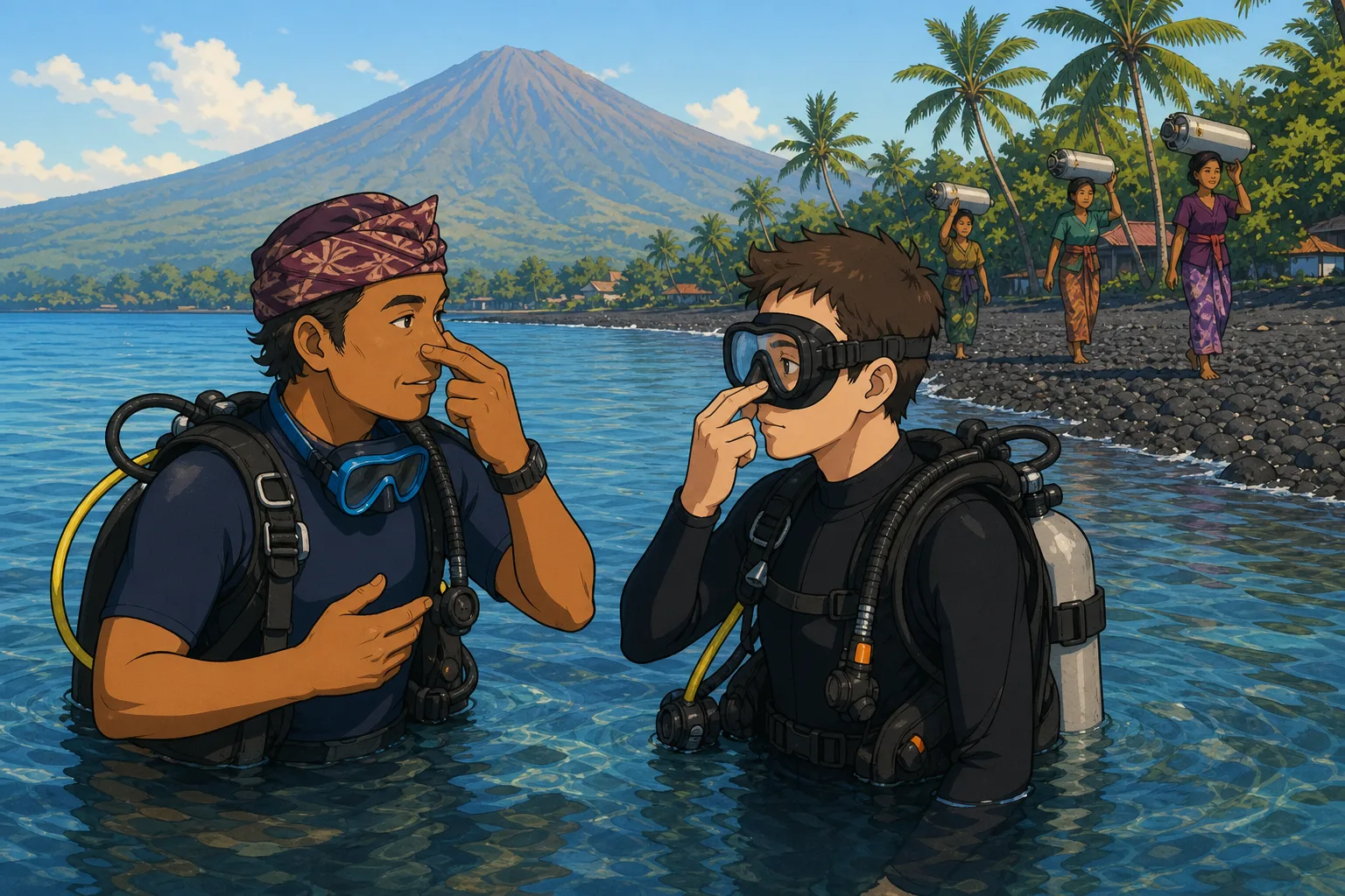 Cel-shaded illustration of a PADI instructor demonstrating equalising to a scuba student while standing waist-deep in the calm shallows at Tulamben, with Mount Agung behind them.