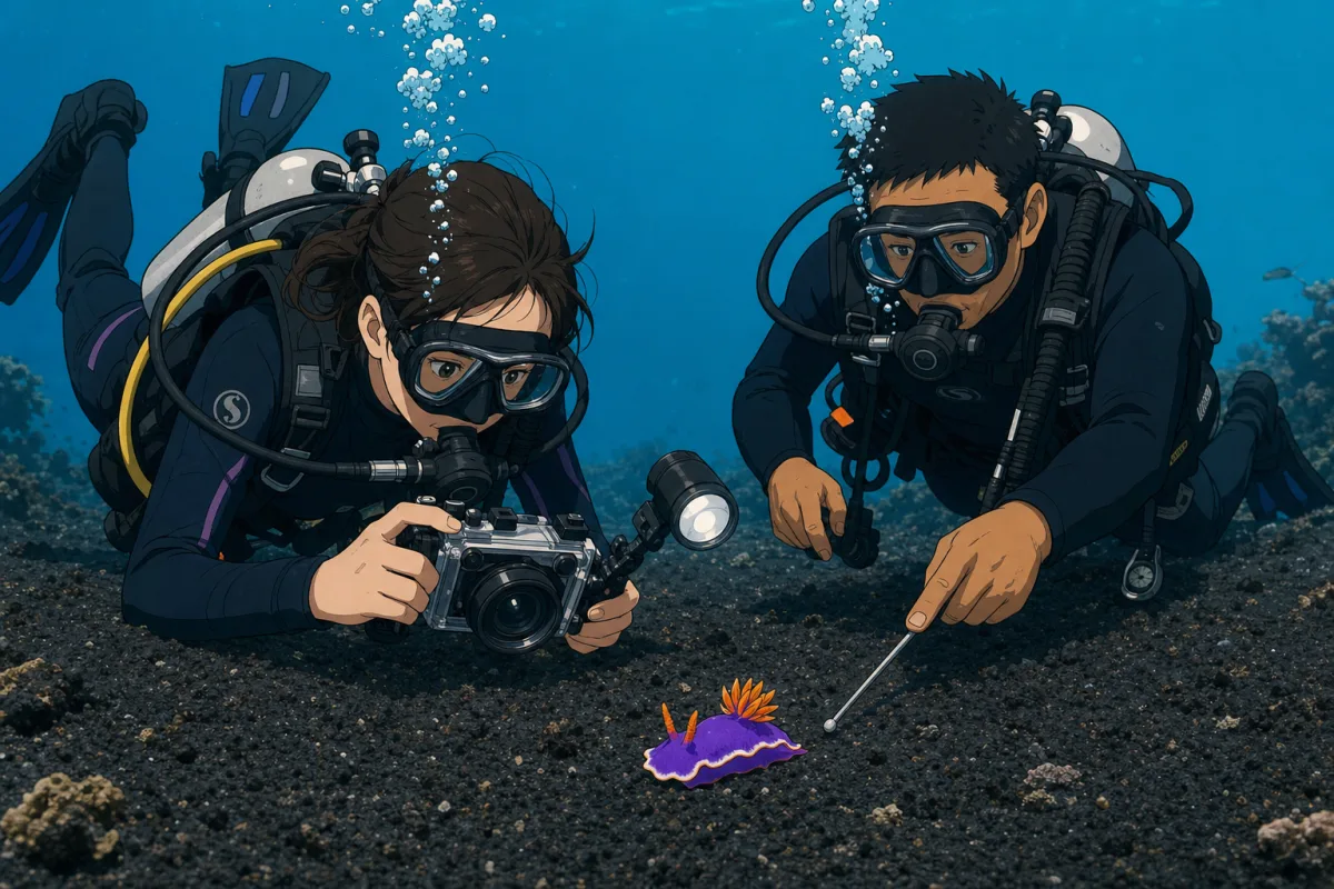Cel-shaded illustration of a macro photographer lying flat above black volcanic sand at Tulamben, shooting a tiny bright purple and orange nudibranch with a compact camera and single strobe, shallow depth of field feel, a dive guide pointing with a muck stick.