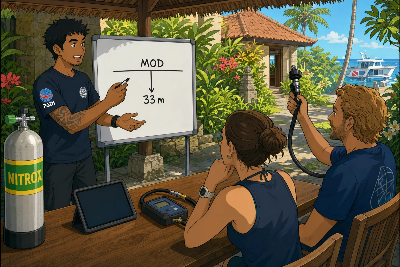 Cel-shaded illustration of a PADI instructor at a Bali dive centre explaining maximum operating depth on a whiteboard to two students, with an oxygen analyser on the table and a nitrox tank beside the whiteboard.