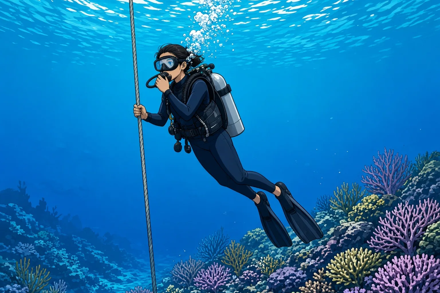 A scuba diver descending slowly and upright along a vertical rope line in clear blue tropical water, one hand on the line and the other at the mask and regulator while equalising, the water shading from bright turquoise near the surface to deeper blue below, with a reef slope visible beneath.
