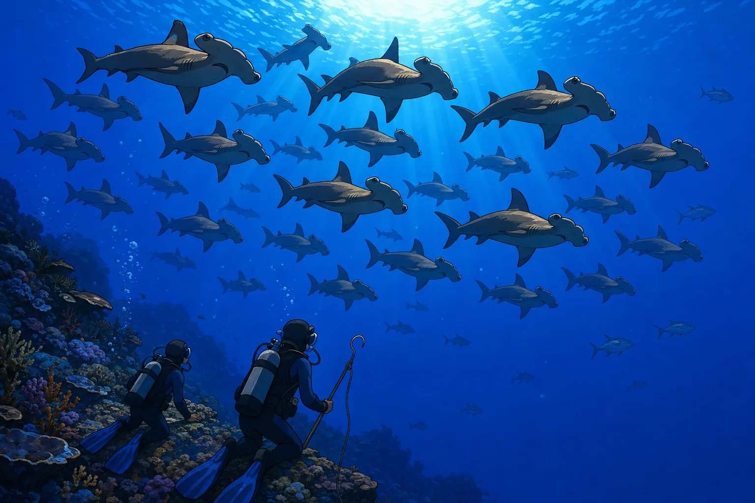 A dense wall of scalloped hammerhead sharks schooling in the deep blue of the Banda Sea, seen from below, while two scuba divers hooked to the reef edge watch the school pass overhead.