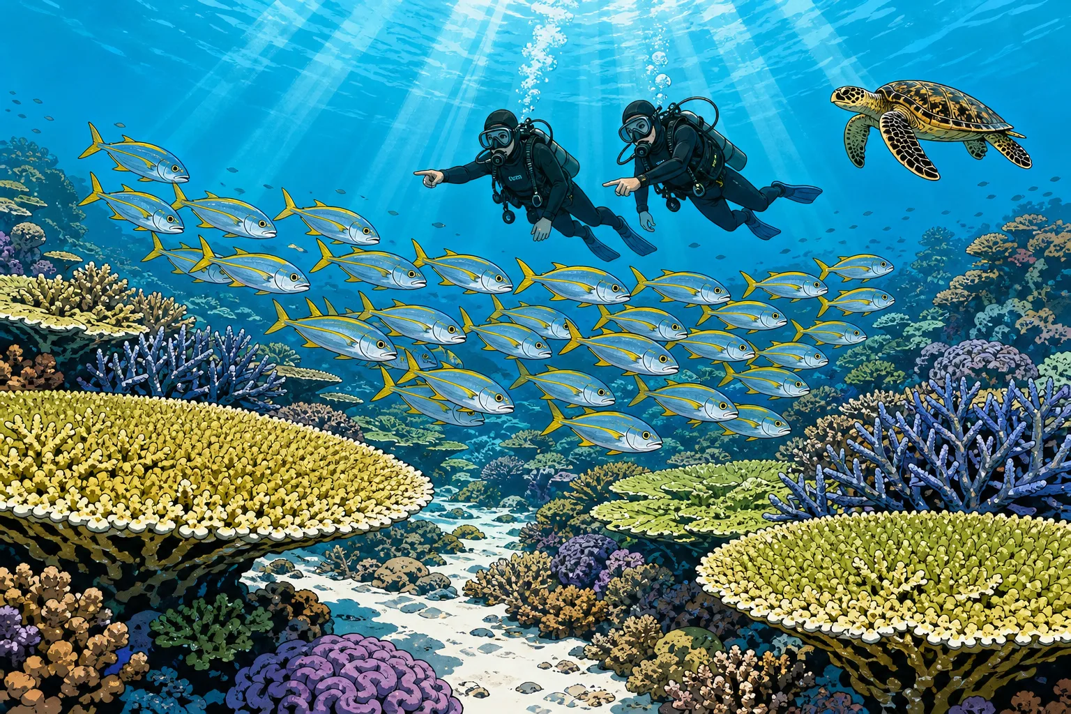 Cel-shaded illustration of the healthy hard coral garden at Blue Lagoon, Padang Bai, with a large school of yellowtail snappers swimming through, two scuba divers neutrally buoyant in the middle distance pointing at the reef, and a small hawksbill turtle cruising past in the upper right.