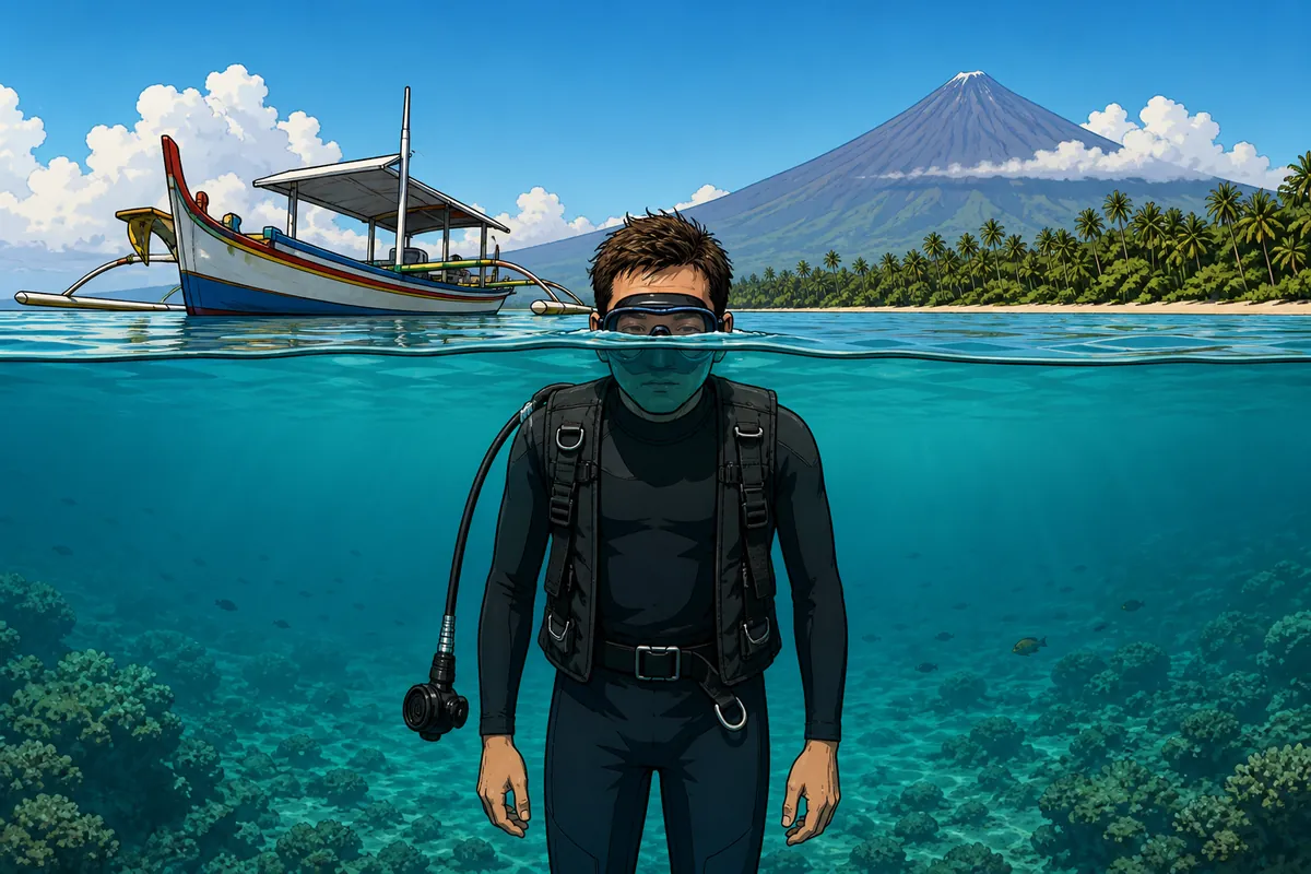 Scuba diver performing a surface weight check in Bali, floating at eye level with the water line across the middle of the mask, BCD fully deflated, dive boat and green coastline behind.