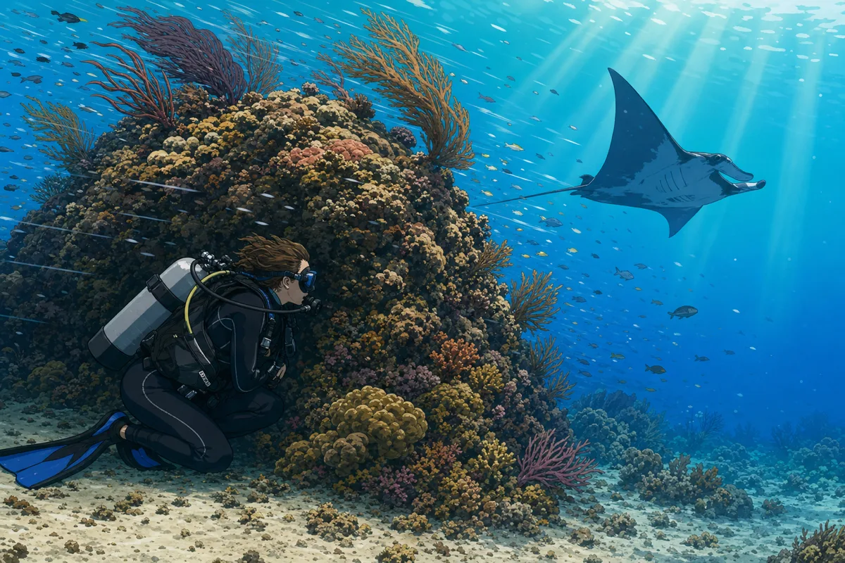 Cel-shaded illustration of a scuba diver tucked low behind a large coral bommie to shelter from the current, sea fans bent sideways in the flow above, while a manta ray glides past in the blue, demonstrating the get-low-and-hold technique used at Manta Point in Bali.