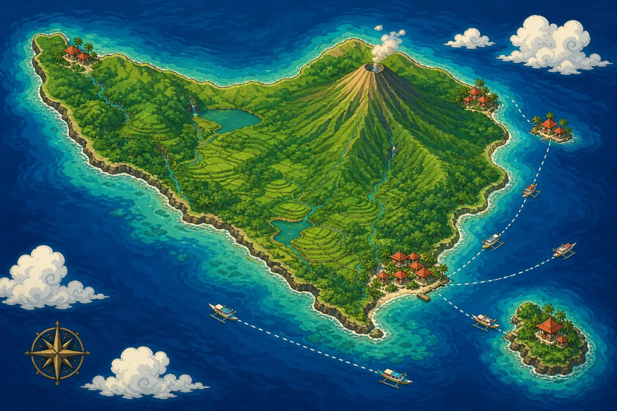 Cel-shaded stylised illustrated map of Bali viewed from above with small house icons marking dive home bases around the coast: the east coast, the northwest, the southern beach strip and the offshore island of Nusa Penida, turquoise shallows and deep blue channel, no text or labels.
