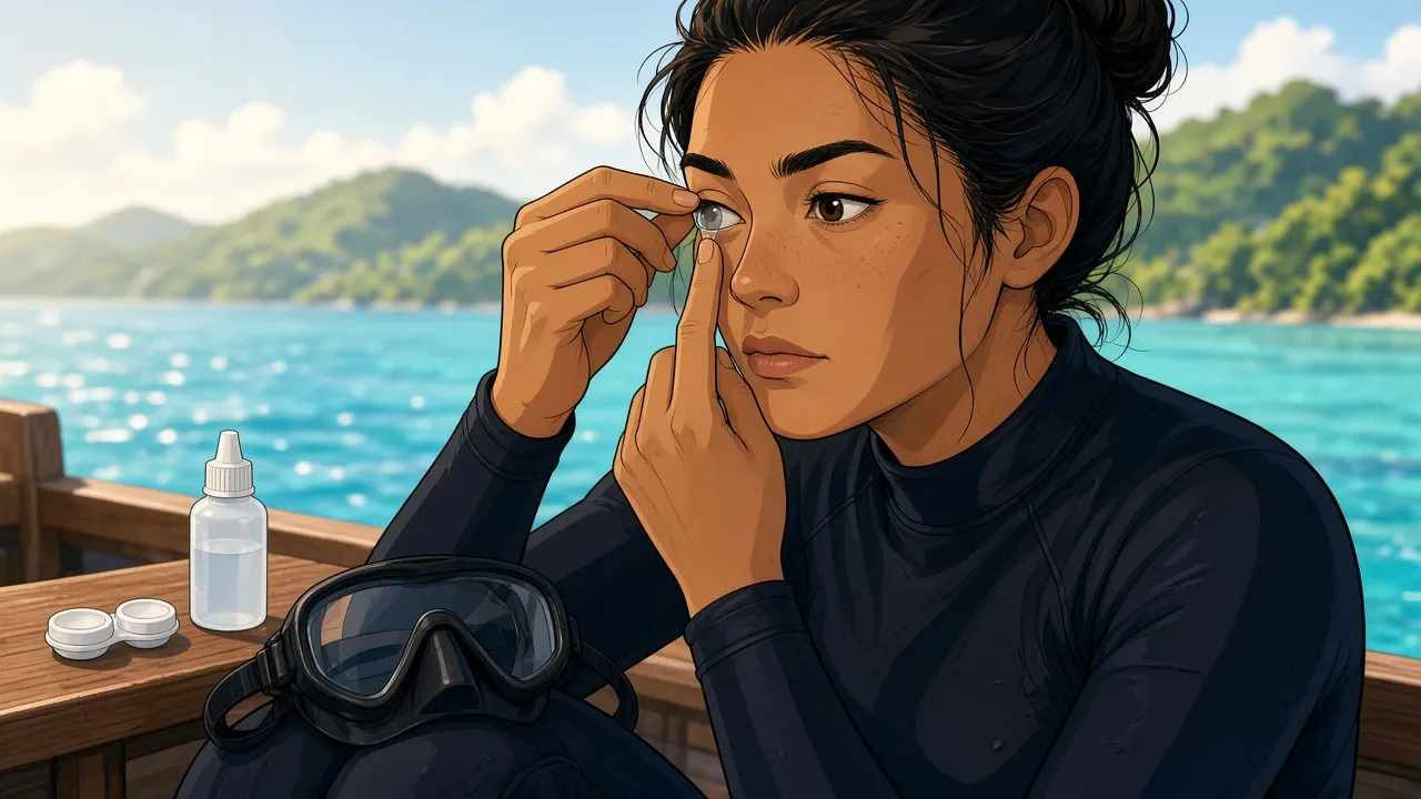 A scuba diver in a black wetsuit on a Bali dive boat placing a soft contact lens on her eye with a clean fingertip, a dive mask resting on her knee and a lens case and saline bottle on the bench.