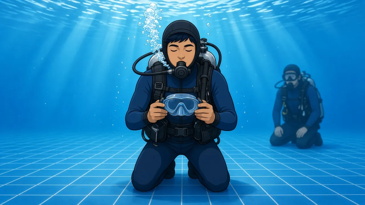A student scuba diver kneeling on the floor of a training pool with the mask removed and held at chest height, eyes closed, breathing from a regulator whose hose comes over the right shoulder, while an instructor watches in the background.