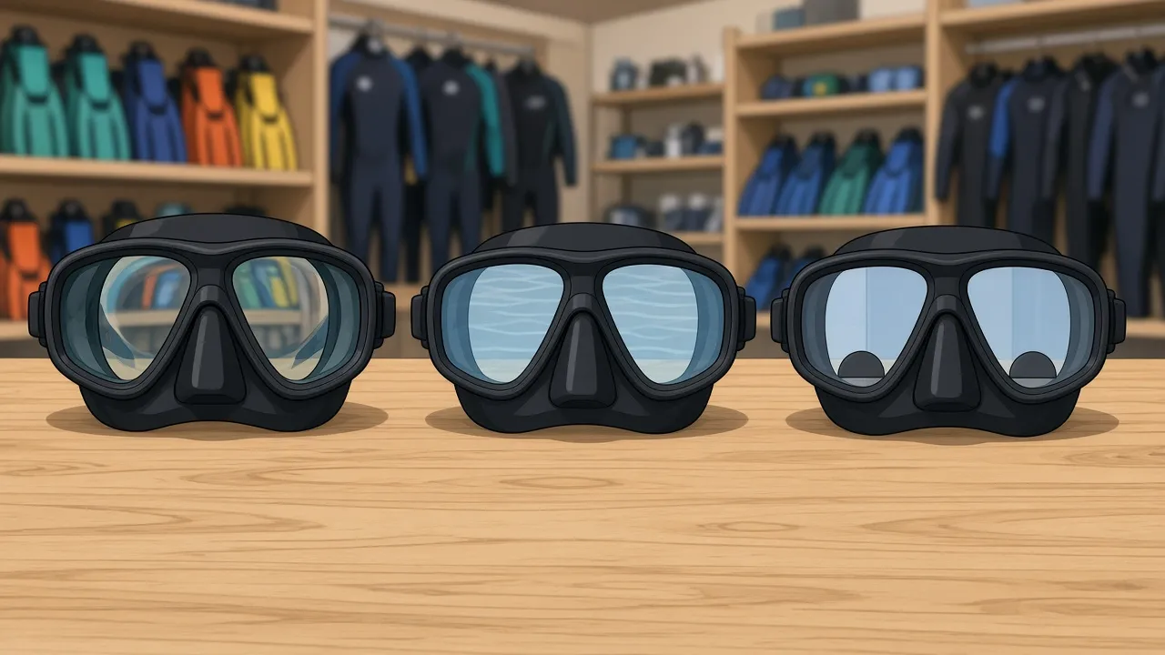 Three black two-window dive masks on a wooden dive shop table: one with thick ready-made corrective lenses, one with thin custom prescription lenses, and one with small half-moon stick-on reading lenses at the bottom of each window.