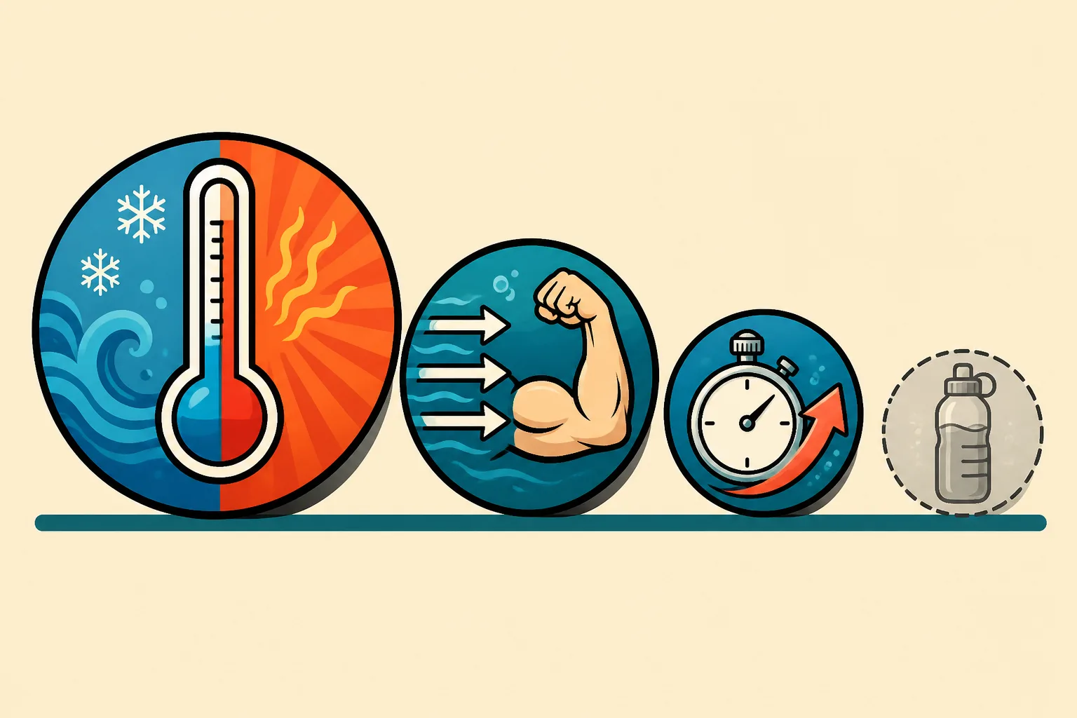 Comic-style infographic ranking the influences on decompression sickness risk as four circular icon badges of decreasing size, the largest a thermometer split between cool blue and warm orange, then a flexed arm pushed back by current arrows, then a stopwatch with a rising arrow, and smallest of all a faded grey water bottle drawn in a dashed outline