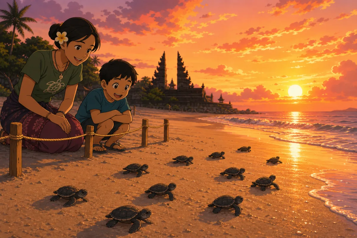 Cel-shaded illustration of tiny sea turtle hatchlings crawling from a nest across golden Bali sand towards a gentle sunset surf line, with a conservation volunteer and a child watching from behind a marked rope line, warm orange and pink sky.