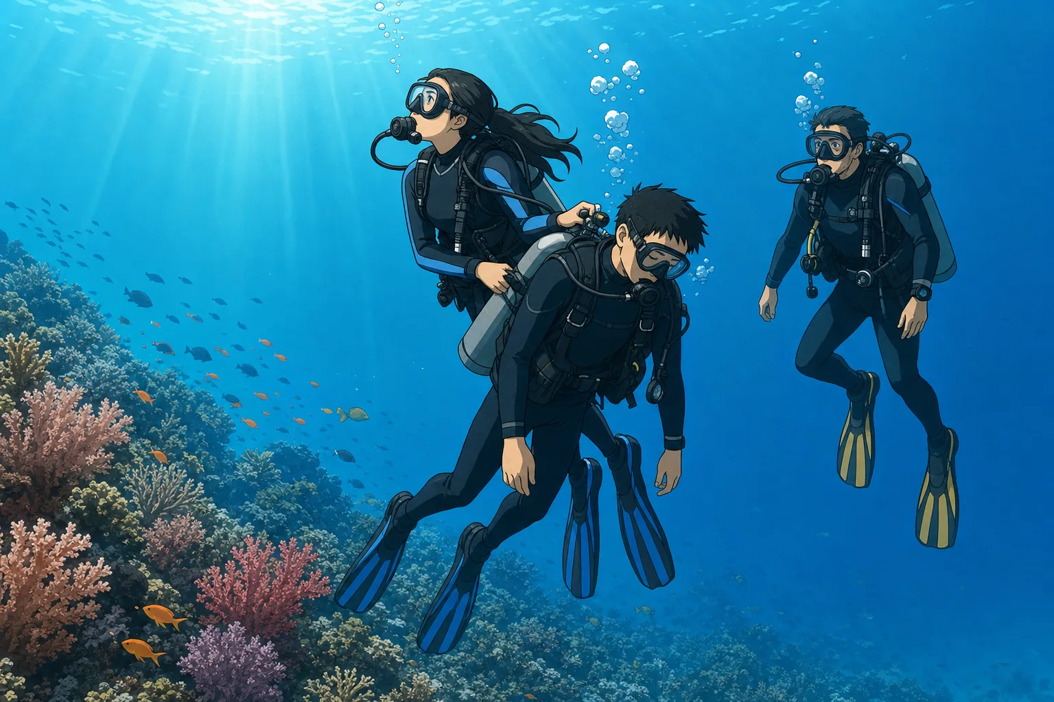 Cel-shaded illustration of a Rescue Diver student performing a controlled ascent with an unresponsive diver on a Bali reef while a PADI instructor observes.