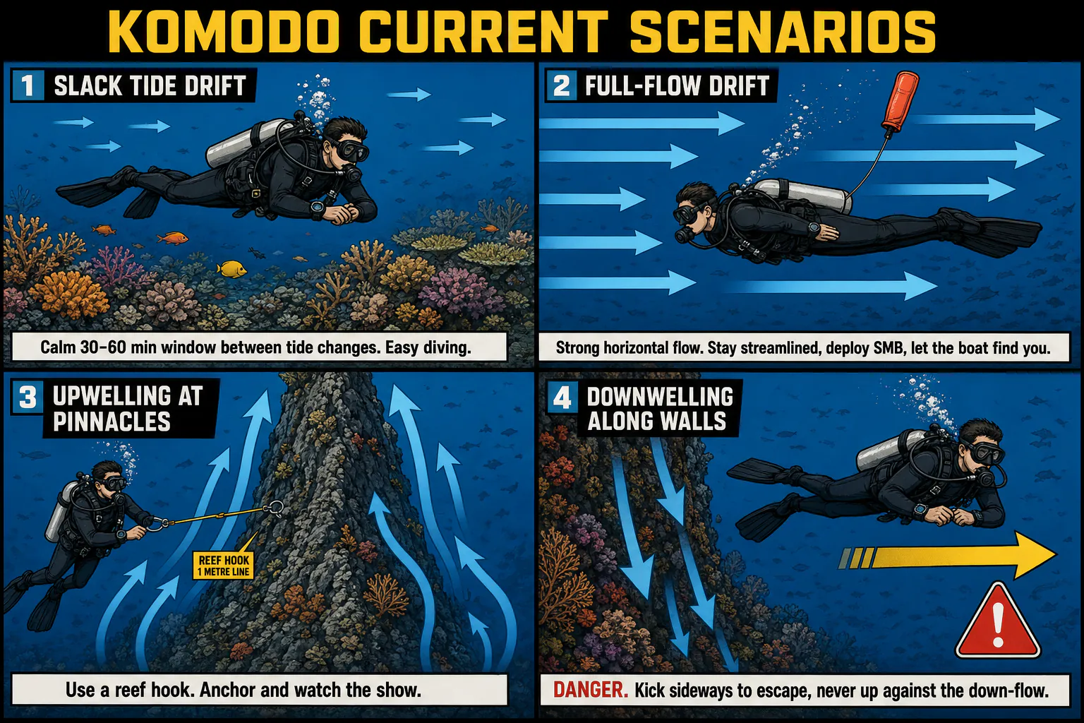 Educational infographic showing the four main current scenarios divers encounter in Komodo: slack tide drift, full-flow horizontal current, upwelling at pinnacles, and downwelling along walls, with safety techniques annotated for each.