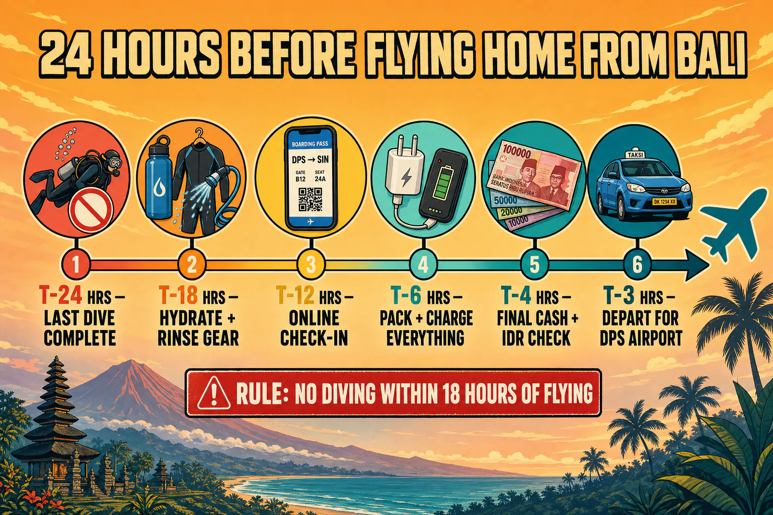 Cel-shaded infographic timeline showing what to do in the 24 hours before flying home from a Bali dive trip: stop diving 18 hours before flight, hydrate, rinse and dry all gear, repack with masks in carry-on, confirm flight, pack chargers from outlets, currency conversion, airport arrival 3 hours before international departure.