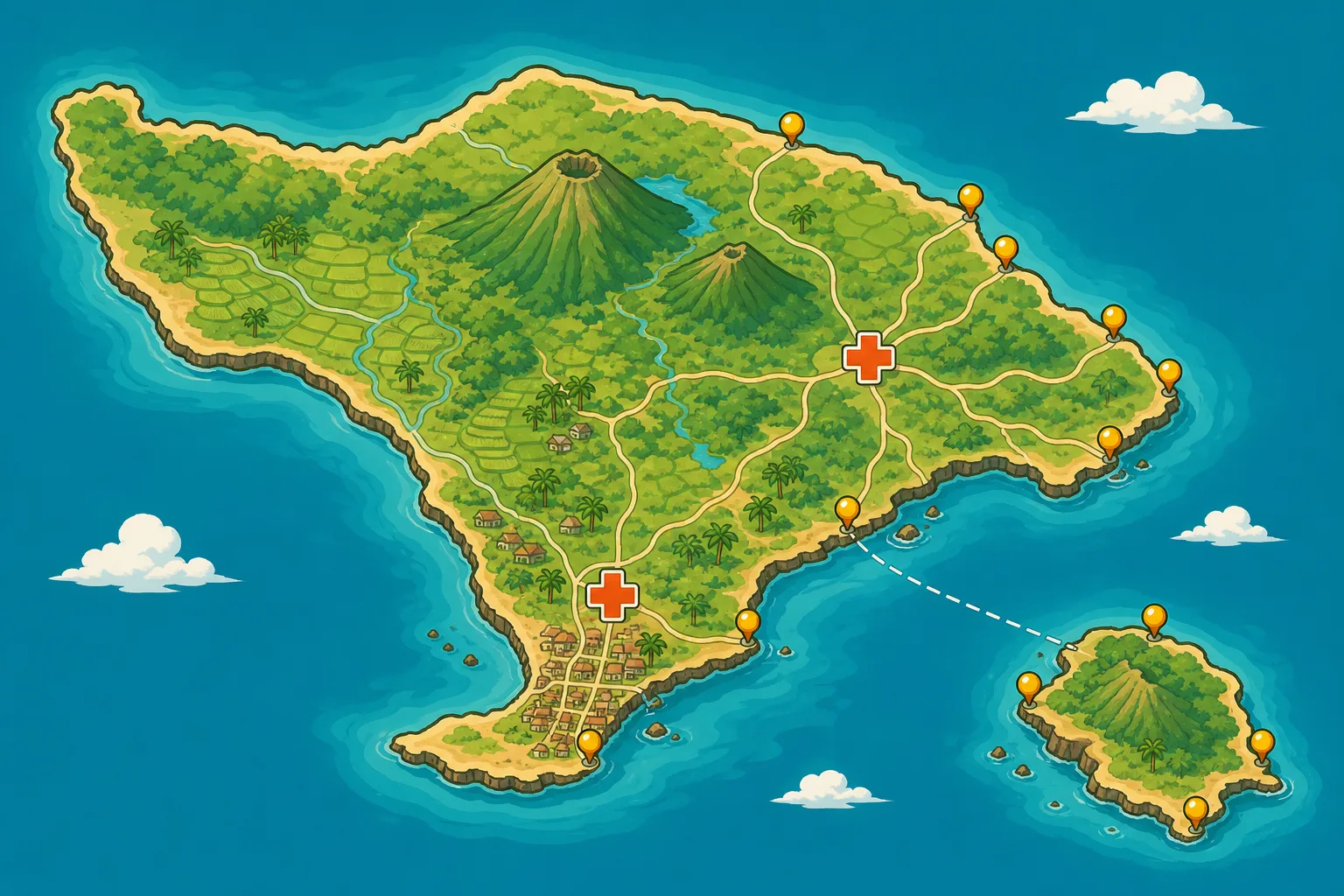 Cel-shaded stylised map of Bali and Nusa Penida showing amber dive site pins along the east and southeast coast and two red medical cross markers inland, with a dashed evacuation route crossing the strait from the offshore island to the mainland