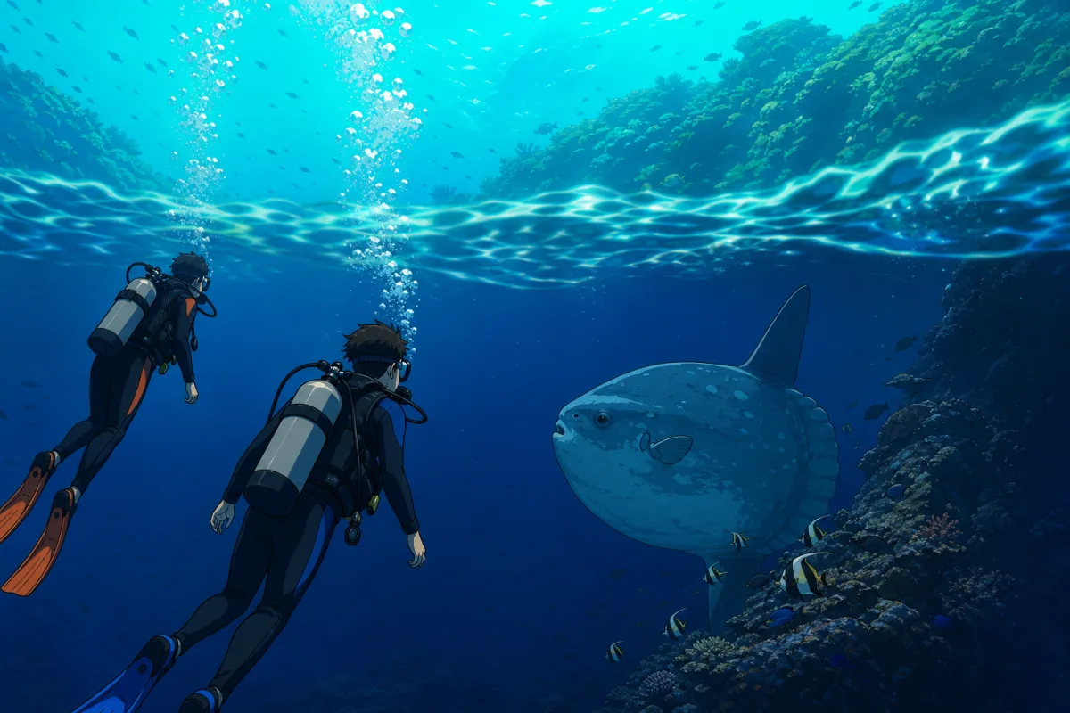 Cel-shaded illustration of two scuba divers descending through a shimmering, blurry thermocline layer where warm and cold water meet on a deep Nusa Penida reef slope, the water below noticeably darker blue and clearer, a large mola mola (ocean sunfish) hovering at a cleaning station in the cool deep water.