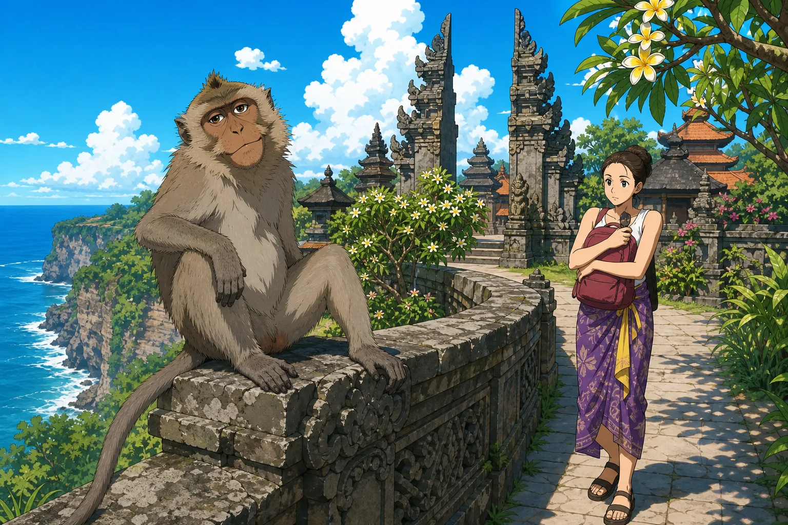 Cel-shaded illustration of a long-tailed macaque sitting on a carved stone wall at a Balinese clifftop temple while a tourist keeps a respectful distance.
