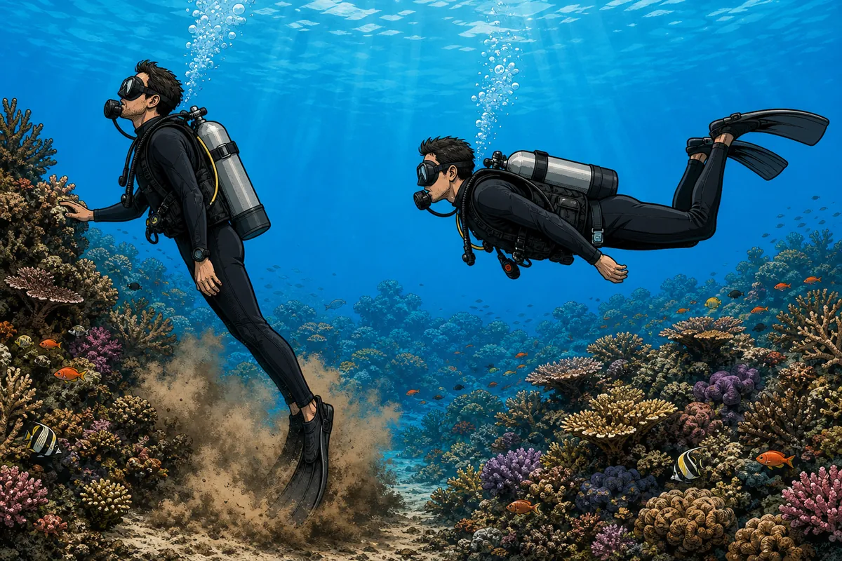 Side by side comparison of two scuba divers in Bali, one angled feet-down kicking up a cloud of sand near the reef, the other flat and horizontal hovering cleanly above the coral.