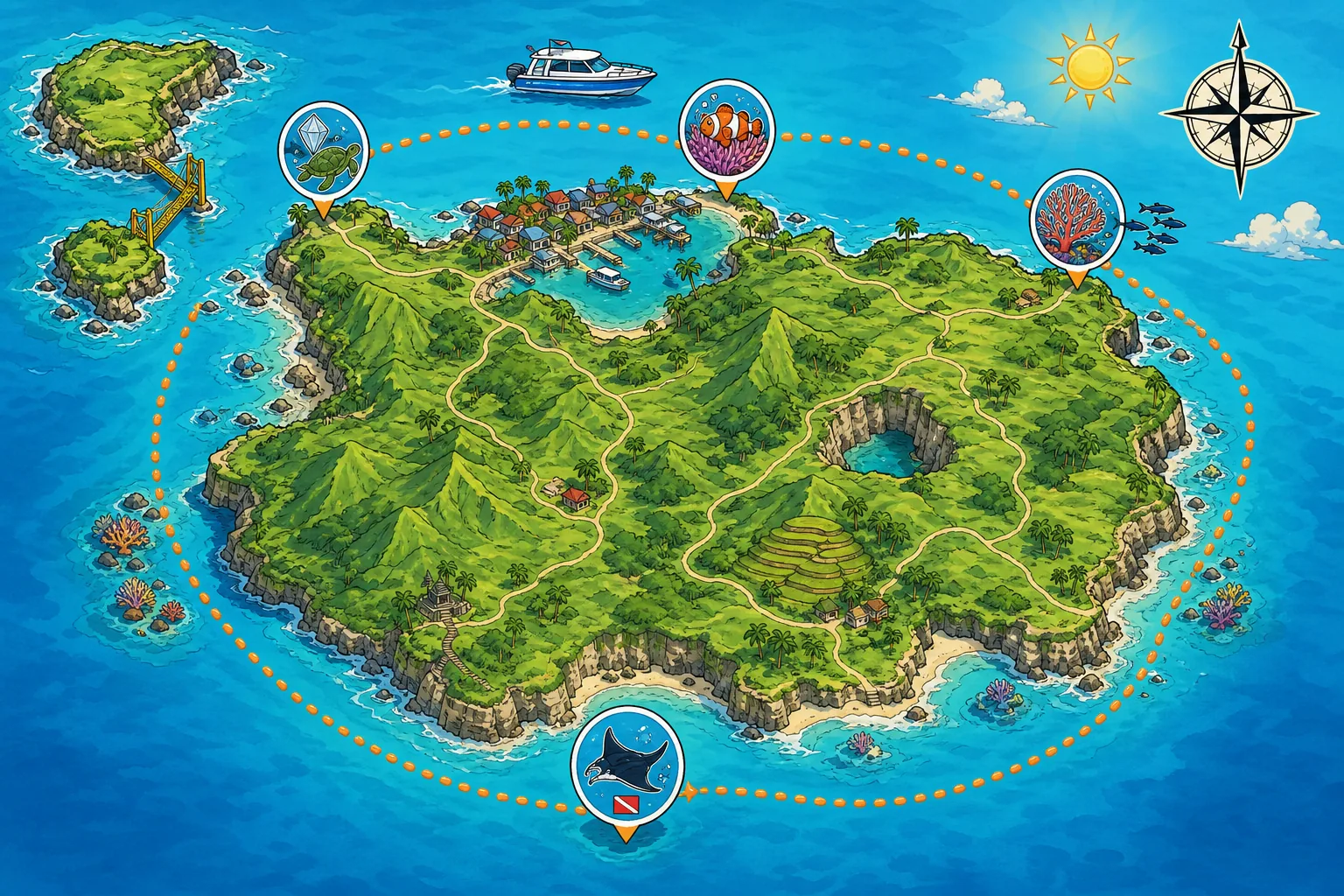 Cel-shaded stylised top-down map of Nusa Penida island showing the four main snorkel sites with hand-drawn icons: a manta ray with dive flag at Manta Bay on the south coast, a crystal-and-turtle icon at Crystal Bay on the north-west, a clownfish-in-anemone icon at Gamat Bay on the north coast, and a coral fan with school of fish at Toyapakeh on the north-east, with dotted orange snorkel-boat route lines connecting all four sites and a small compass rose in the corner.