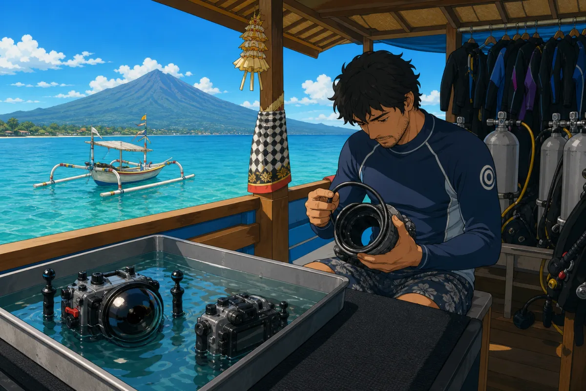 Cel-shaded illustration of a camera table on a Bali dive boat: padded rinse tank with two camera housings soaking, a photographer checking O-rings on a housing under shade, tanks and wetsuits in the background, calm turquoise sea and Mount Agung behind.