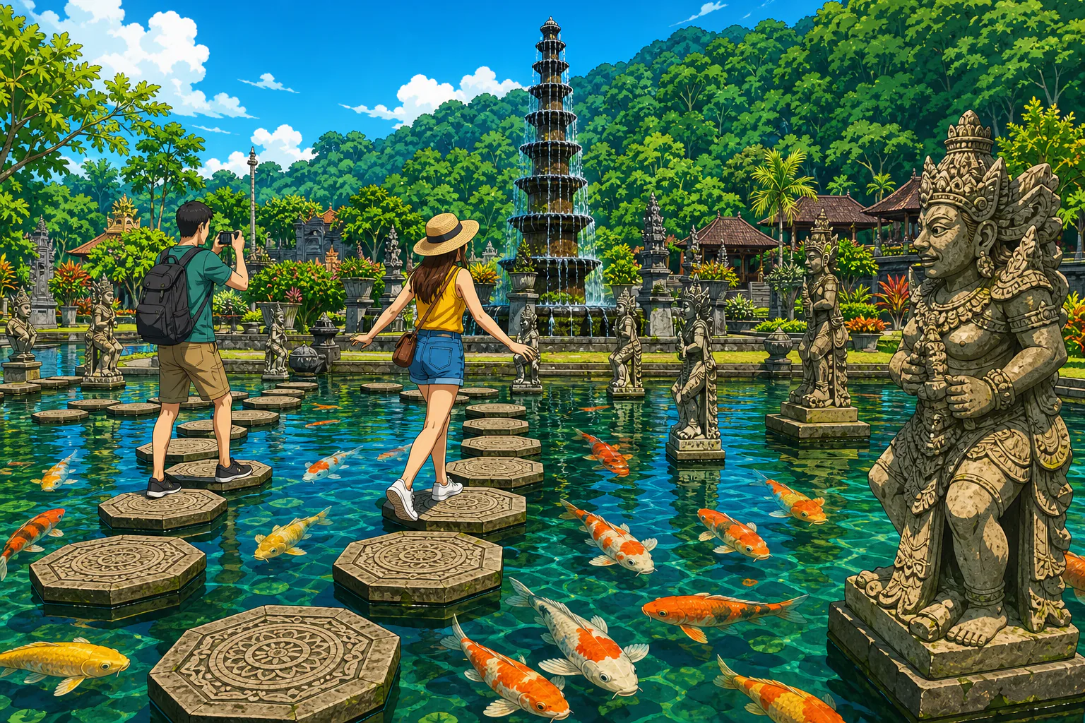 Cel-shaded illustration of Tirta Gangga water palace in East Bali: travelers crossing octagonal stepping stones over a clear pond full of large orange and white koi, with the eleven-tiered fountain tower and tropical gardens behind.