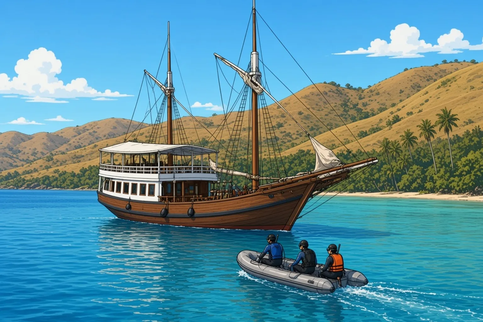 A traditional wooden phinisi liveaboard with two masts anchored in a calm turquoise bay in Komodo National Park, with a small tender boat carrying divers towards it and dry brown hills rising behind.