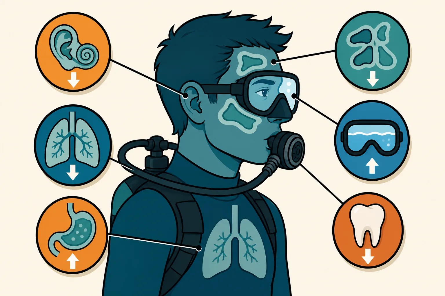 Infographic of a diver wearing a mask and regulator in side profile, with the body air spaces at risk from barotrauma shown as icon badges connected to each location: the inner ear, the sinuses of the forehead and cheekbone, the air pocket behind the mask, a tooth, the lungs and the stomach, each with an arrow showing whether it squeezes or expands