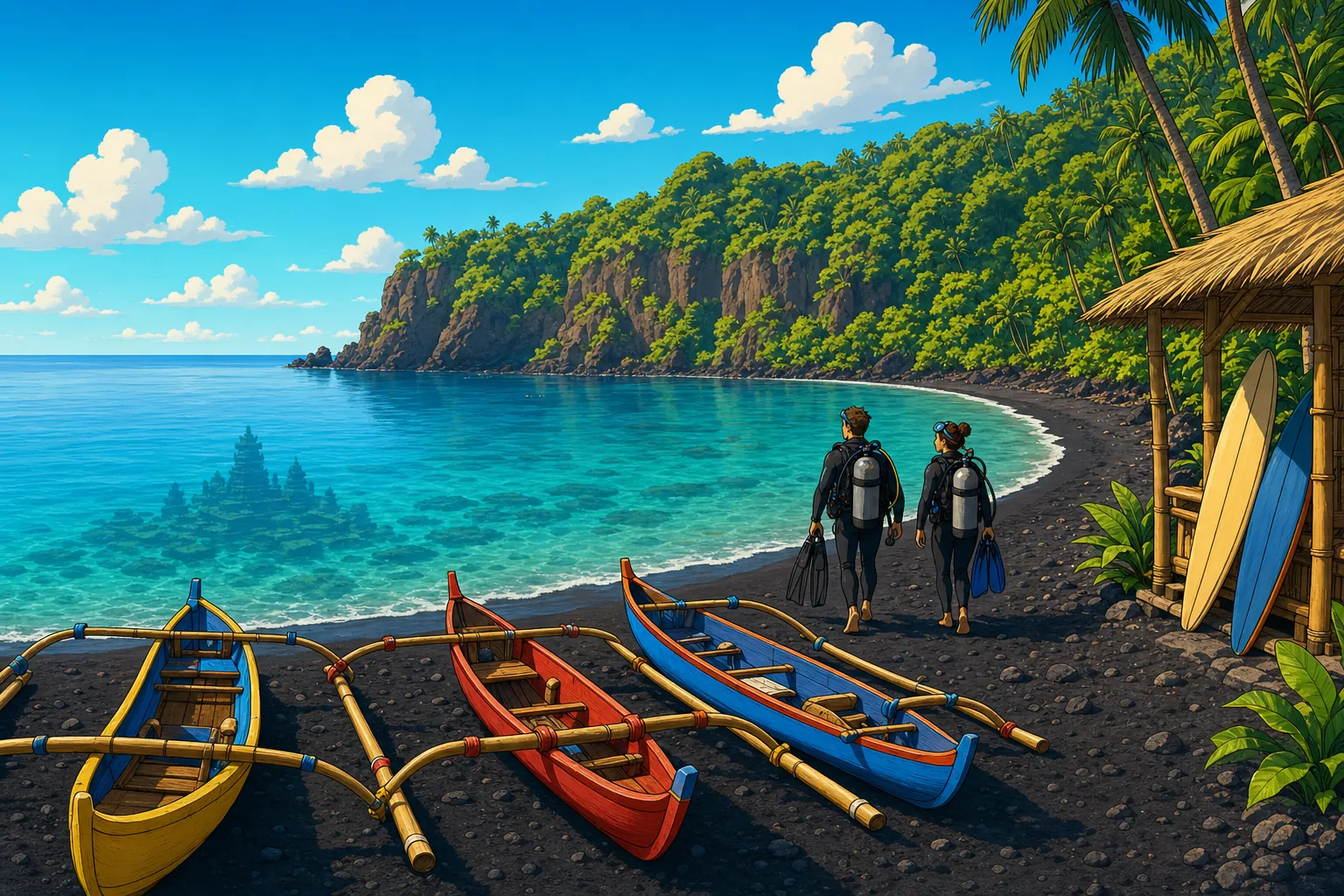 Cel-shaded illustration of Jemeluk Bay in Amed: three traditional yellow, red and blue jukung outrigger fishing boats pulled up on a curved volcanic black sand beach in the foreground, two scuba divers in full kit walking toward the calm turquoise shallows for a shore entry, with a small bamboo dive shop and palm-covered cliffs in the background.