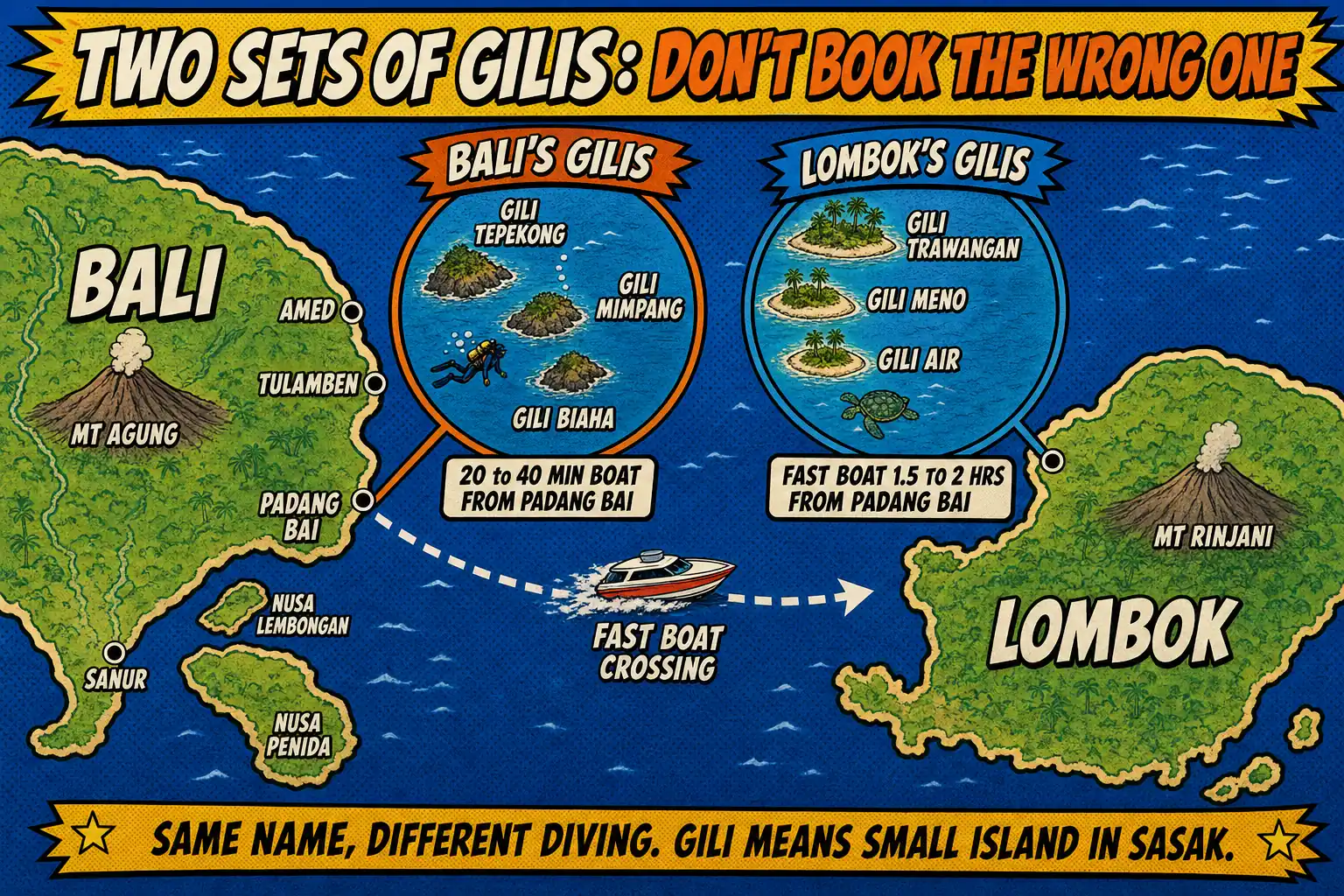 Comic-style illustrated map showing the two sets of Gili islands, with Gili Tepekong, Gili Mimpang and Gili Biaha off Padang Bai in east Bali, and Gili Trawangan, Gili Meno and Gili Air off north-west Lombok, connected by a dashed fast boat route