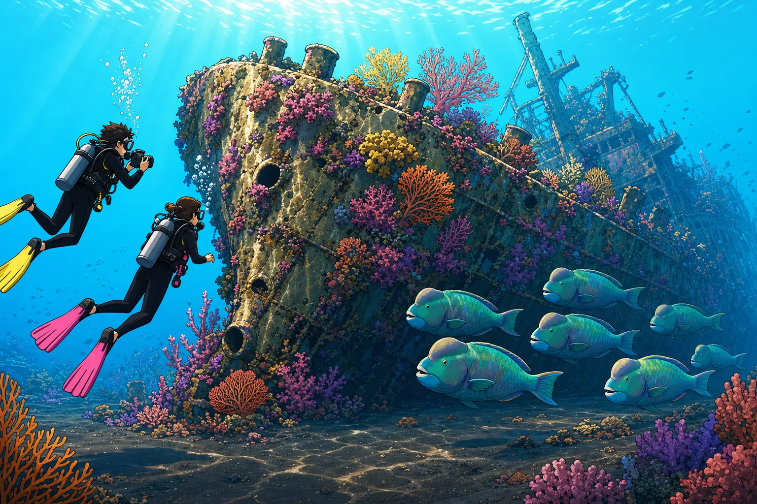 Two scuba divers in cel-shaded animated style explore the coral-encrusted USAT Liberty shipwreck at Tulamben in the early morning, with a school of bumphead parrotfish cruising past the bow against a backdrop of volcanic black sand and shafts of sunlight from above.