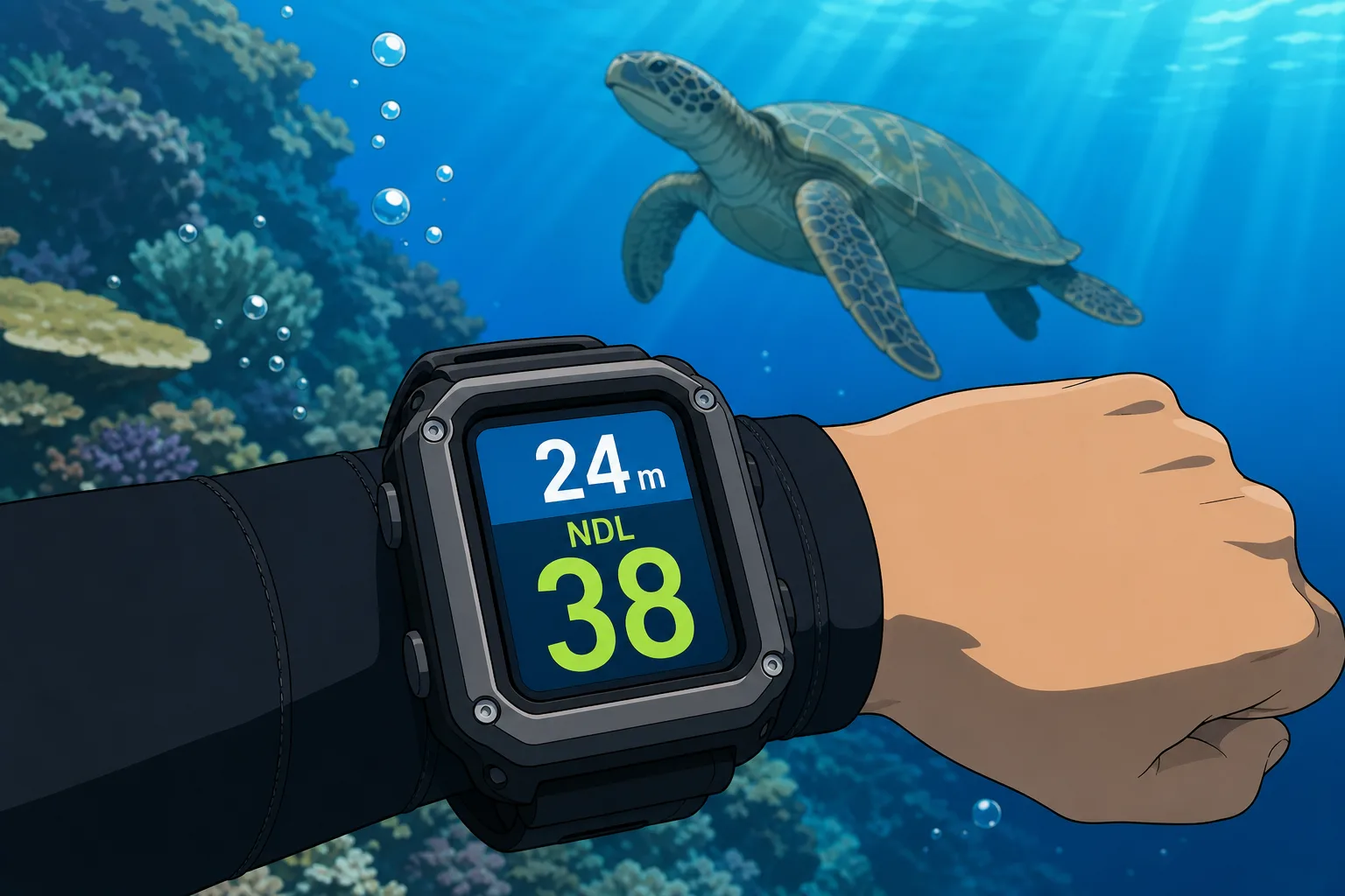 Cel-shaded illustration of a diver's wrist-mounted dive computer at 24 metres showing 38 minutes of no-decompression time on nitrox, with a sea turtle swimming over a Bali reef in the background.
