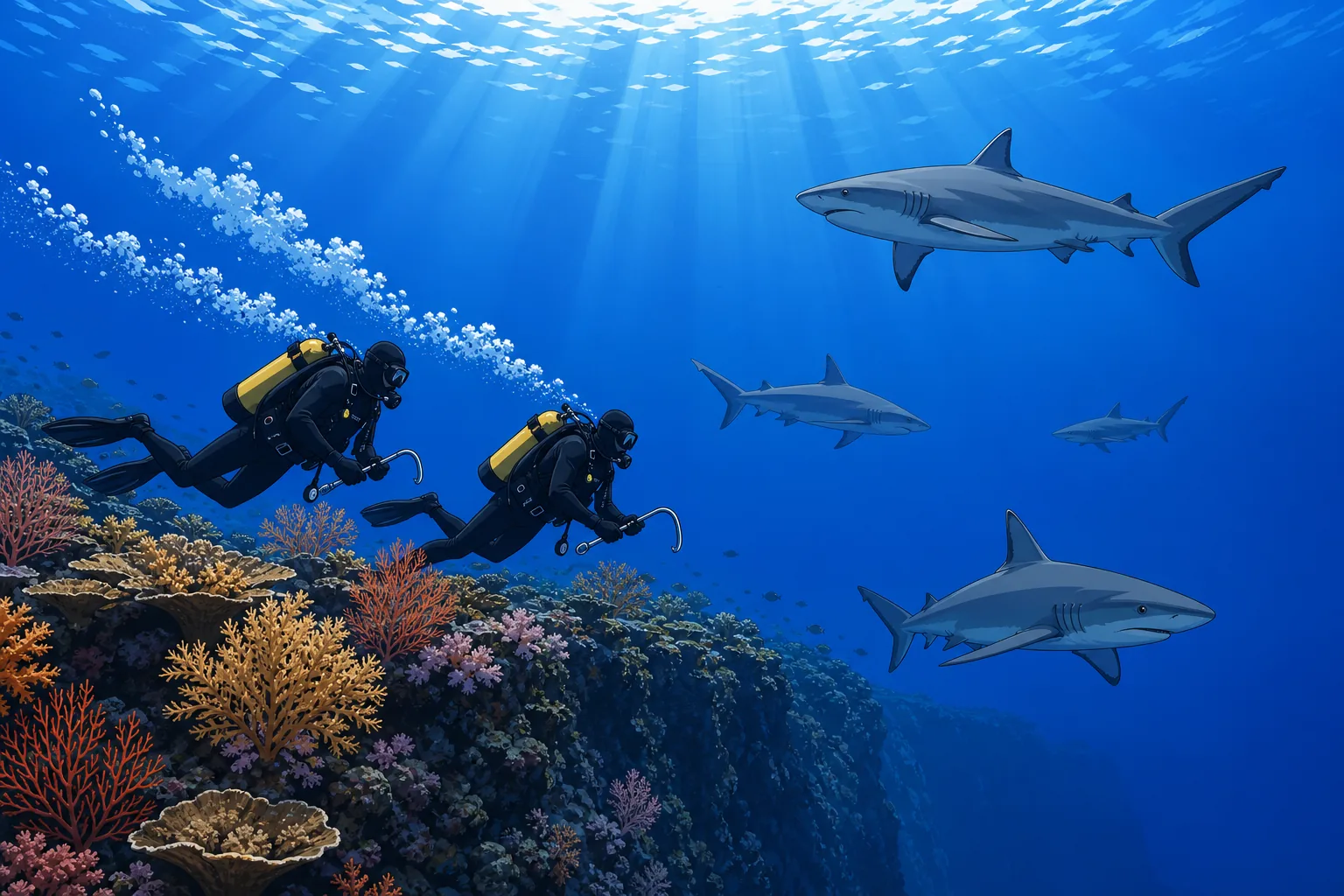 Two advanced scuba divers hooked in to the reef edge at Blue Corner between Nusa Lembongan and Nusa Penida, with three grey reef sharks cruising in the deep blue mid-water and a steep drop-off below.