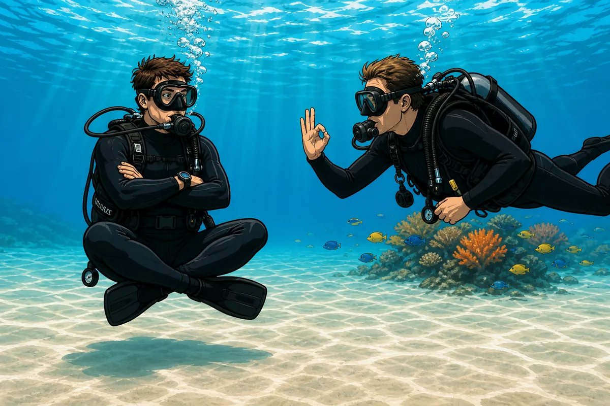 Scuba diver practising a motionless hover with crossed legs over a flat sandy bottom at a shallow Bali dive site while an instructor watches from the side, coral bommie in the background.