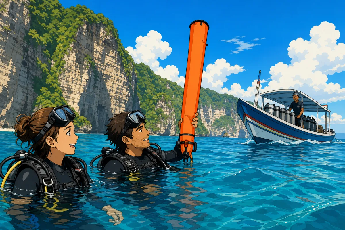 Cel-shaded illustration of two happy scuba divers on the surface after a drift dive, one holding up a tall orange DSMB while the dive boat approaches to pick them up, with the limestone cliffs of Nusa Penida and blue sky in the background.