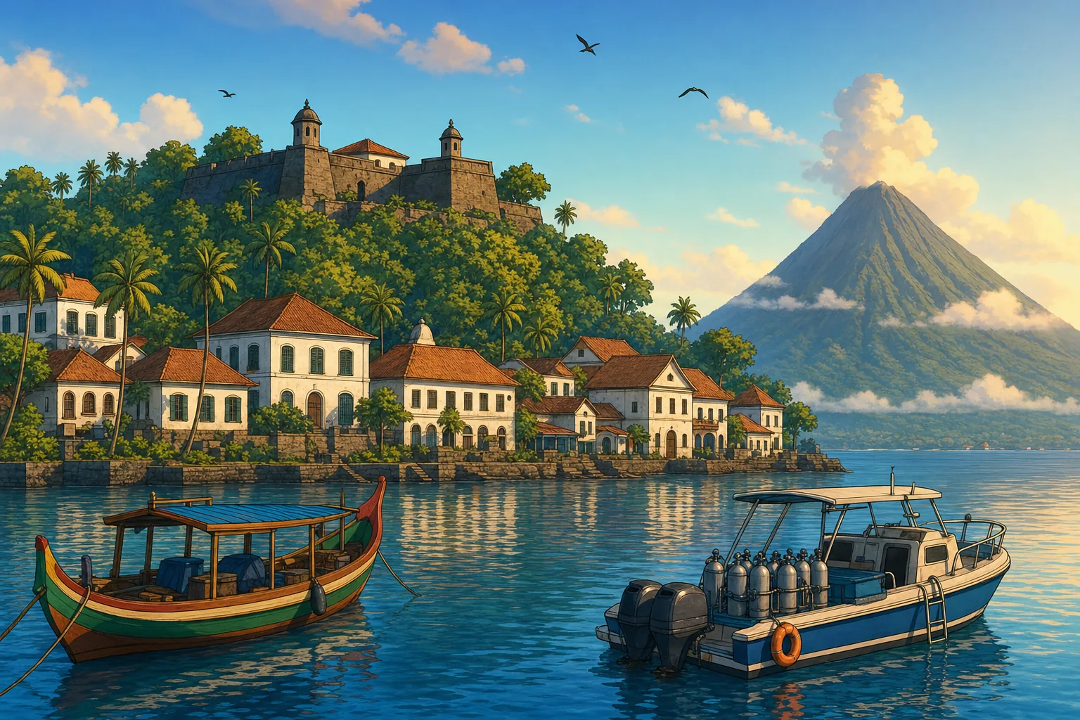 Banda Neira harbour in soft morning light: Dutch colonial buildings with terracotta roofs along the waterfront, Fort Belgica on the hill above, a dive tender loaded with tanks in the foreground and the cone of Banda Api volcano across the strait.