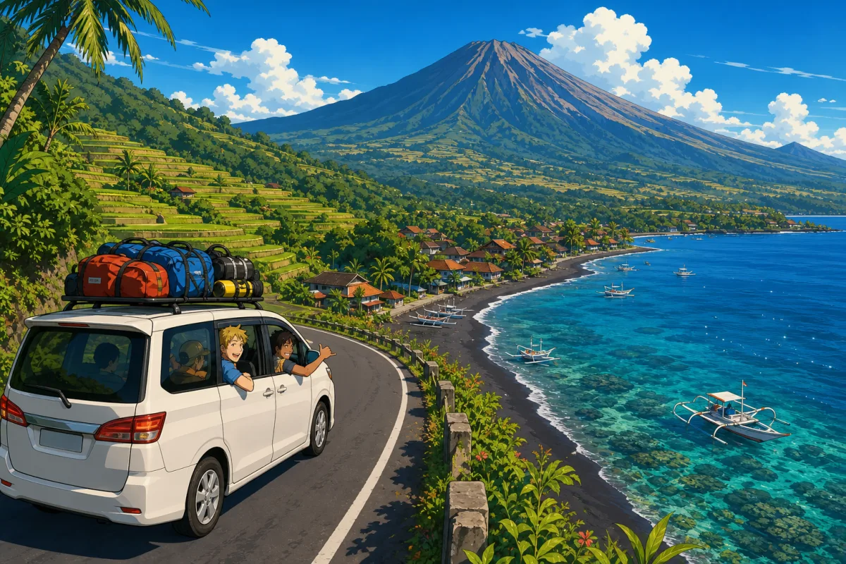 Cel-shaded illustration of a split-stay transfer day in Bali: a minivan with dive bags strapped on top driving a scenic coastal road above black-sand bays toward Amed, rice terraces on one side, jukung boats and reef below, Mount Agung ahead.