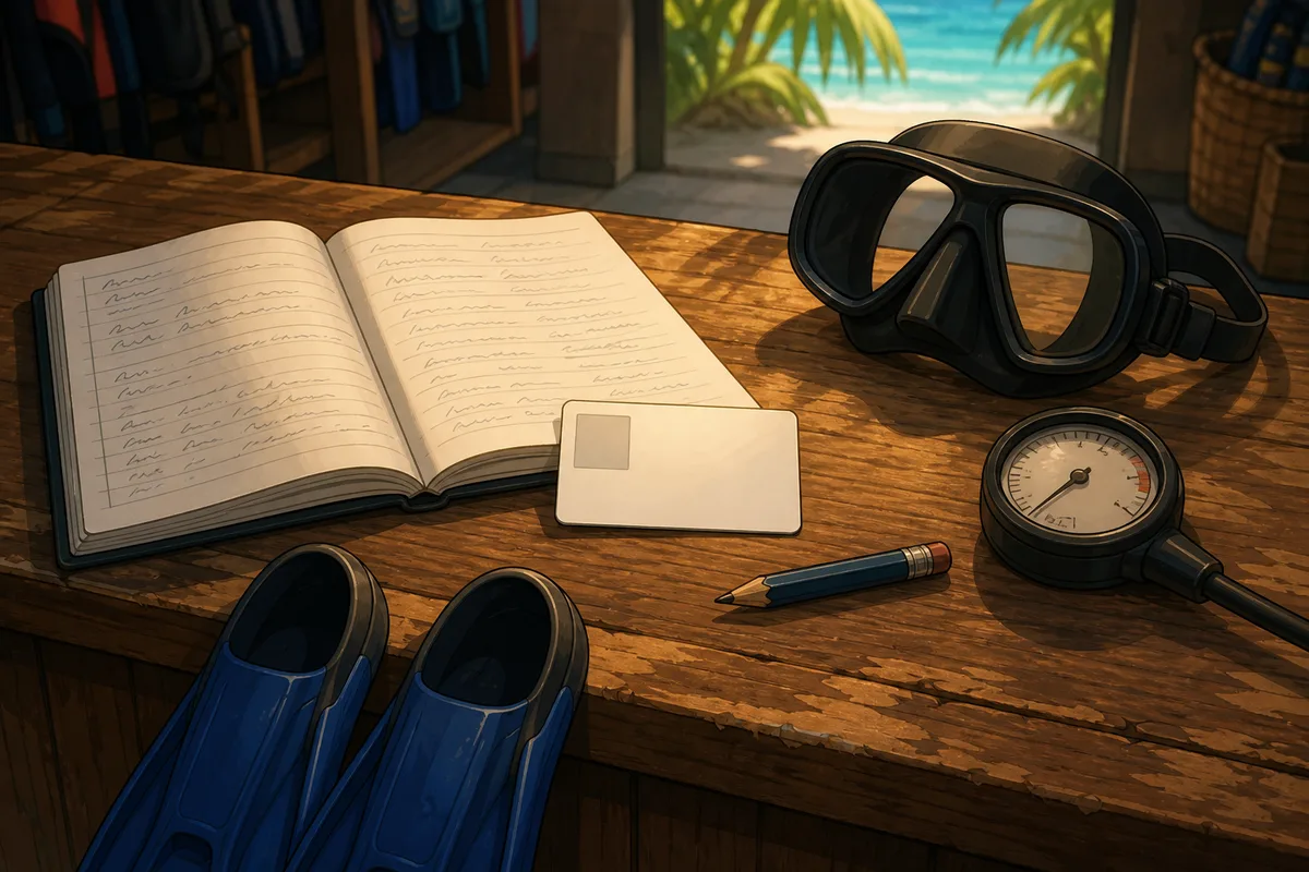 Open dive logbook, certification card, mask and depth gauge laid out on the wooden counter of a dive shop in Sanur, Bali