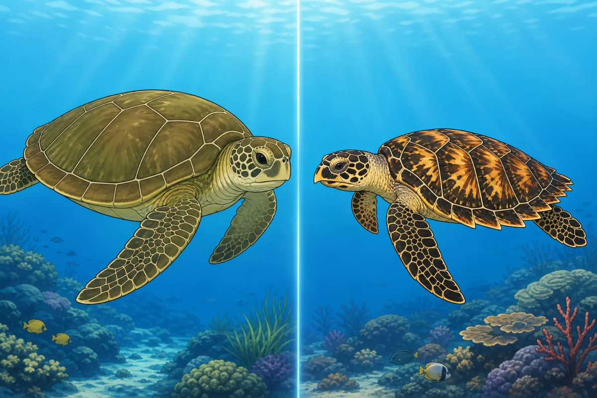Cel-shaded side-by-side identification chart illustration of Bali's two common sea turtles: a green turtle with a smooth rounded shell and short blunt head on the left, and a hawksbill turtle with an overlapping serrated shell and narrow bird-like beak on the right, drawn in flat vibrant colours on a soft blue gradient background, no text.