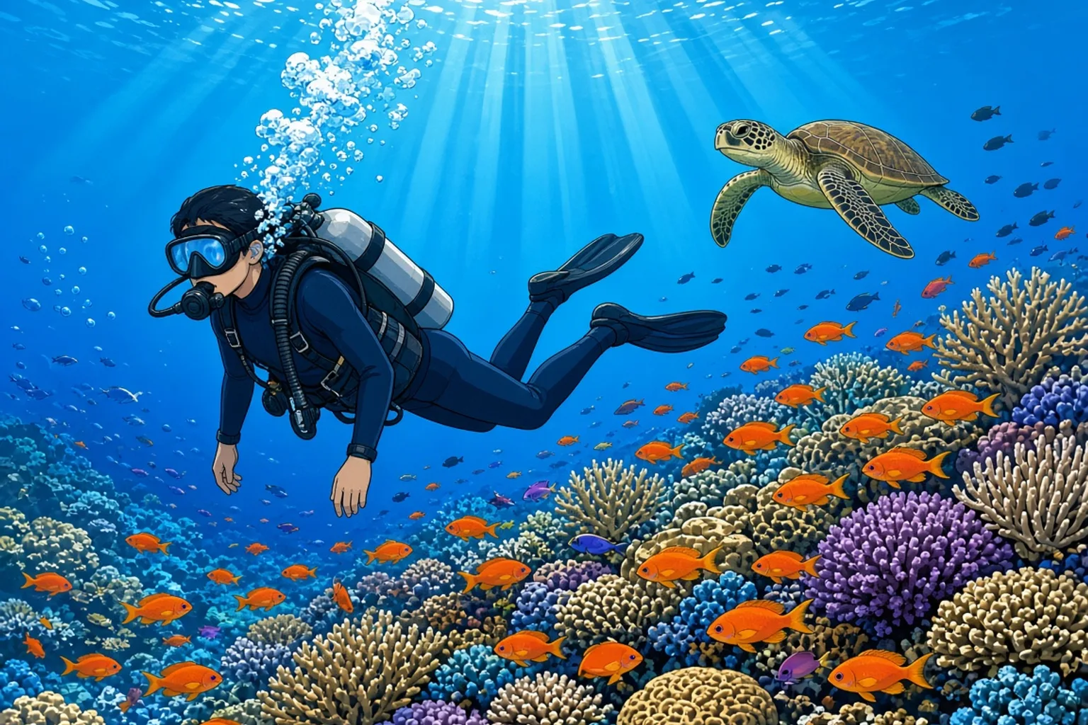 A scuba diver hovering almost level about a metre above a colourful hard coral reef in Bali, fins raised slightly behind them and arms relaxed, not touching anything, a small cloud of bubbles rising from the regulator, with anthias, a sea turtle in the background and sunbeams filtering down through clear blue water.