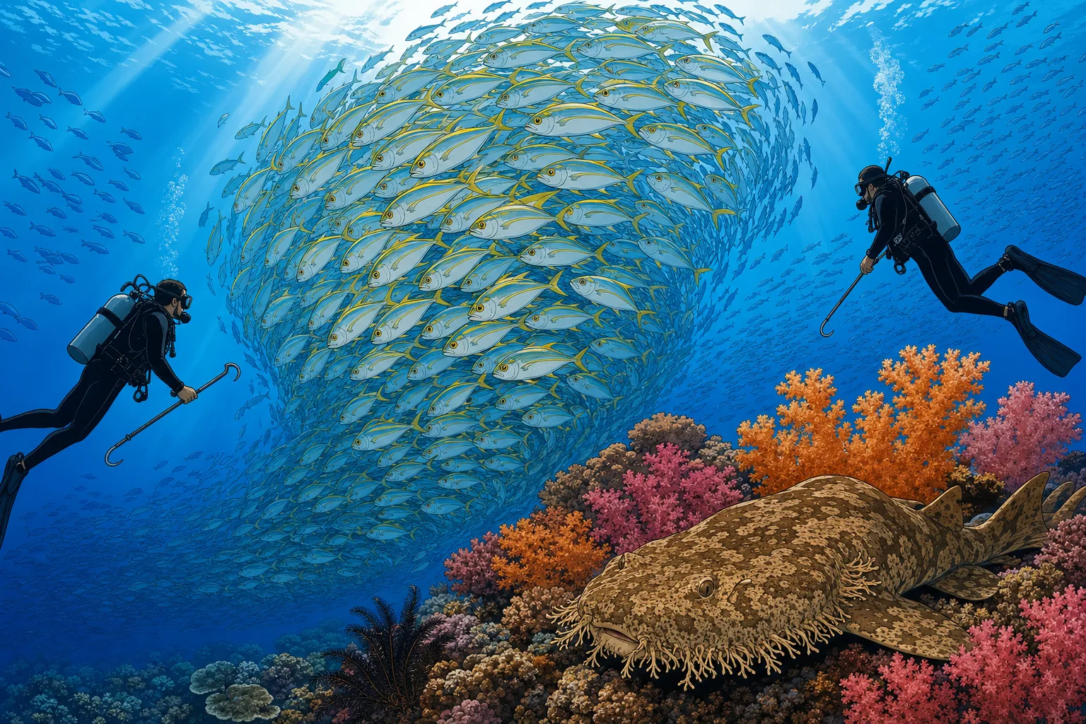 Two scuba divers holding reef hooks at Cape Kri in Raja Ampat with a massive tornado of bigeye trevally jacks swirling between them and a tasselled wobbegong shark resting on a coral bommie covered in orange and pink soft corals.