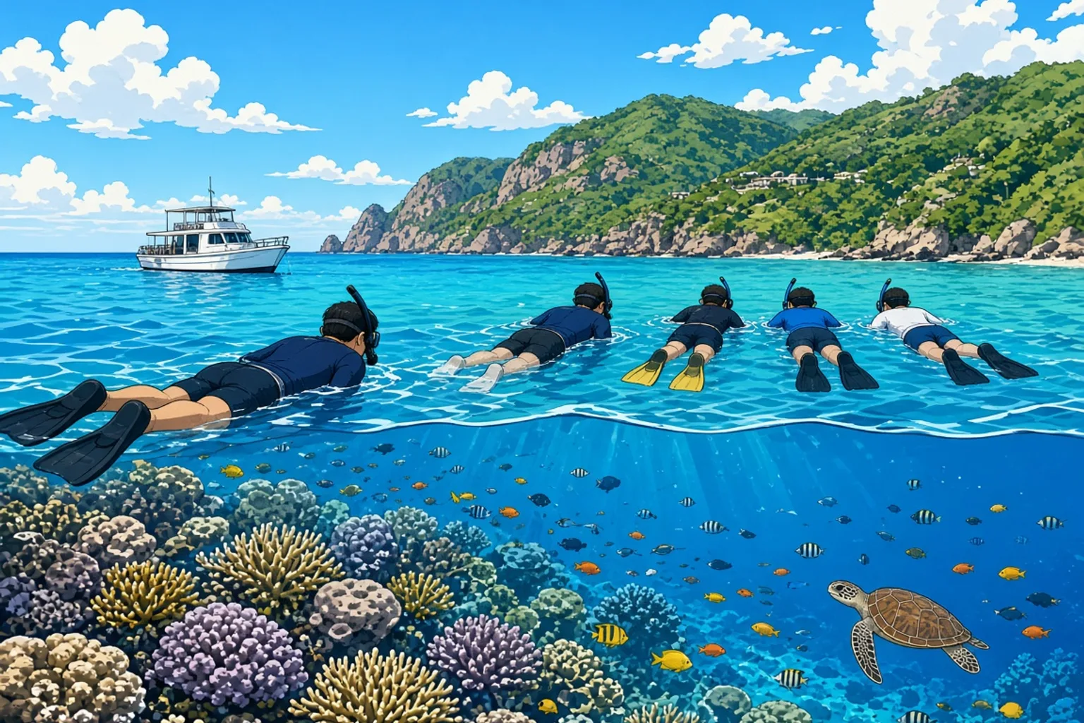 A snorkel guide leading a small group of four snorkelers in a line along the surface over a sloping hard coral reef on the north coast of Nusa Penida, everyone floating at the surface with snorkels above the water, schools of small fish and a turtle below, the dive boat following at a distance.