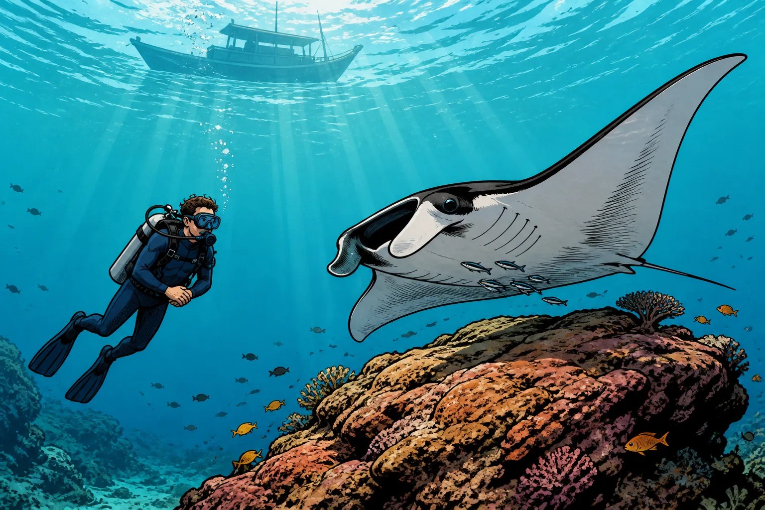 Cel-shaded scuba diver holding respectful distance from a reef manta ray at a Nusa Penida cleaning station with a dive boat on the surface