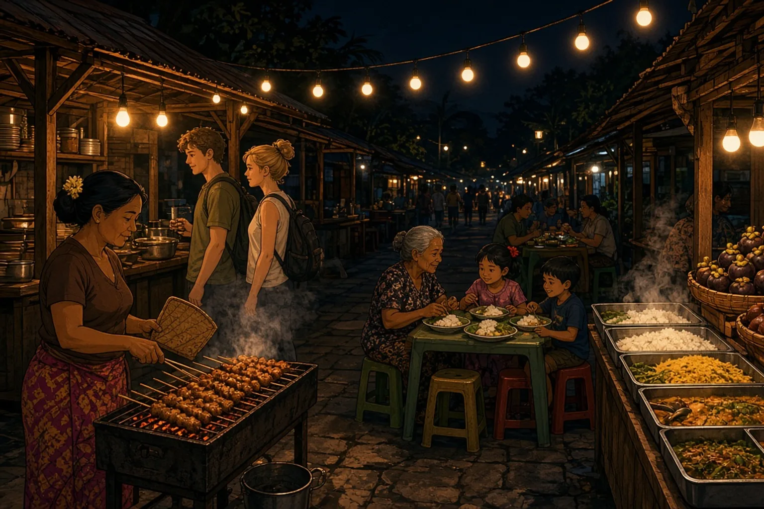 Sindhu night market in Sanur, Bali, after dark, with food stalls selling satay and nasi campur under strung bulbs and local families sitting at plastic tables.