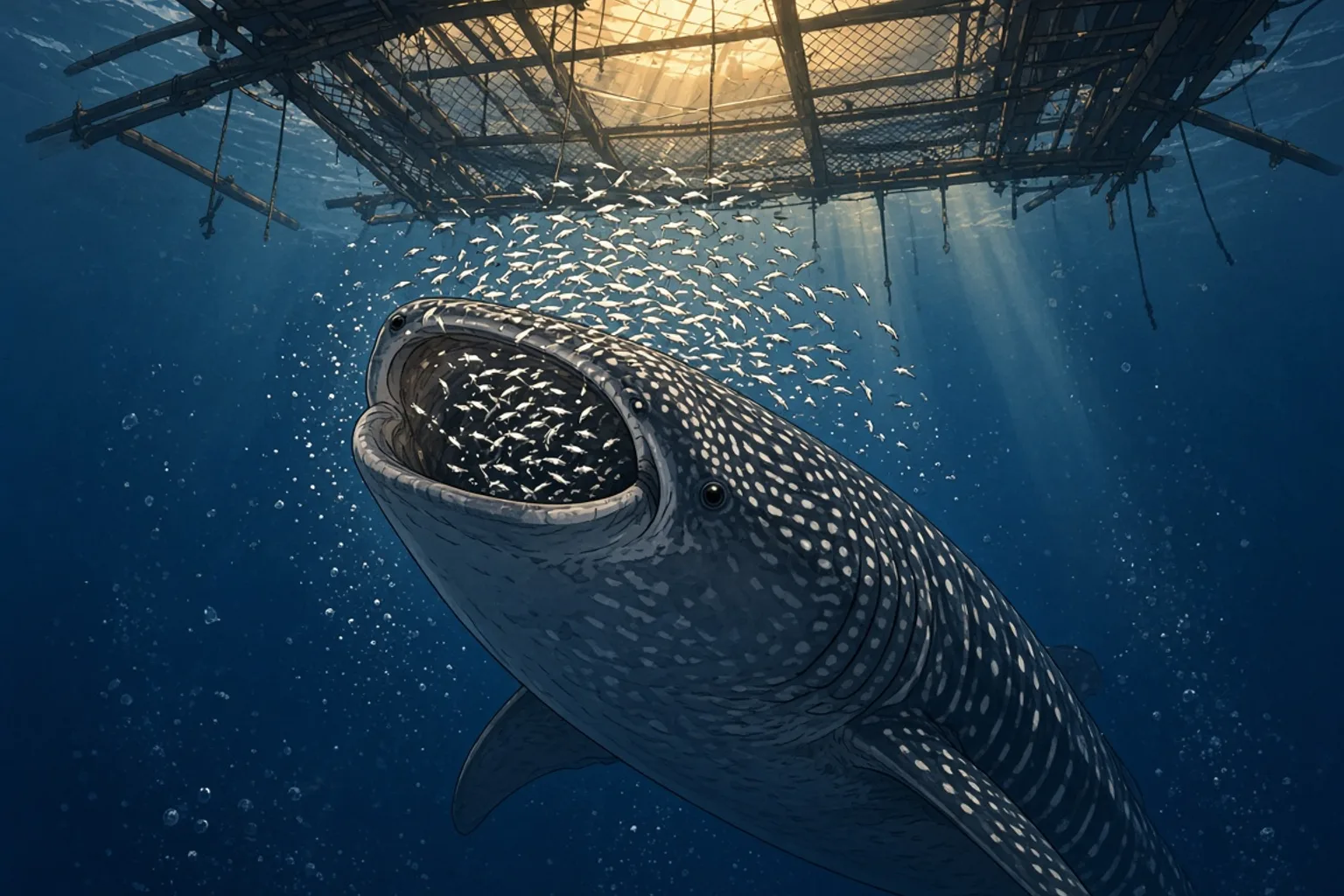 Underwater view of a juvenile whale shark hanging in a vertical head-up position directly beneath a wooden bagan lift-net platform in Saleh Bay, Sumbawa, its wide mouth open at the surface to suck in small silver baitfish, with the platform's ropes and net frame visible above.