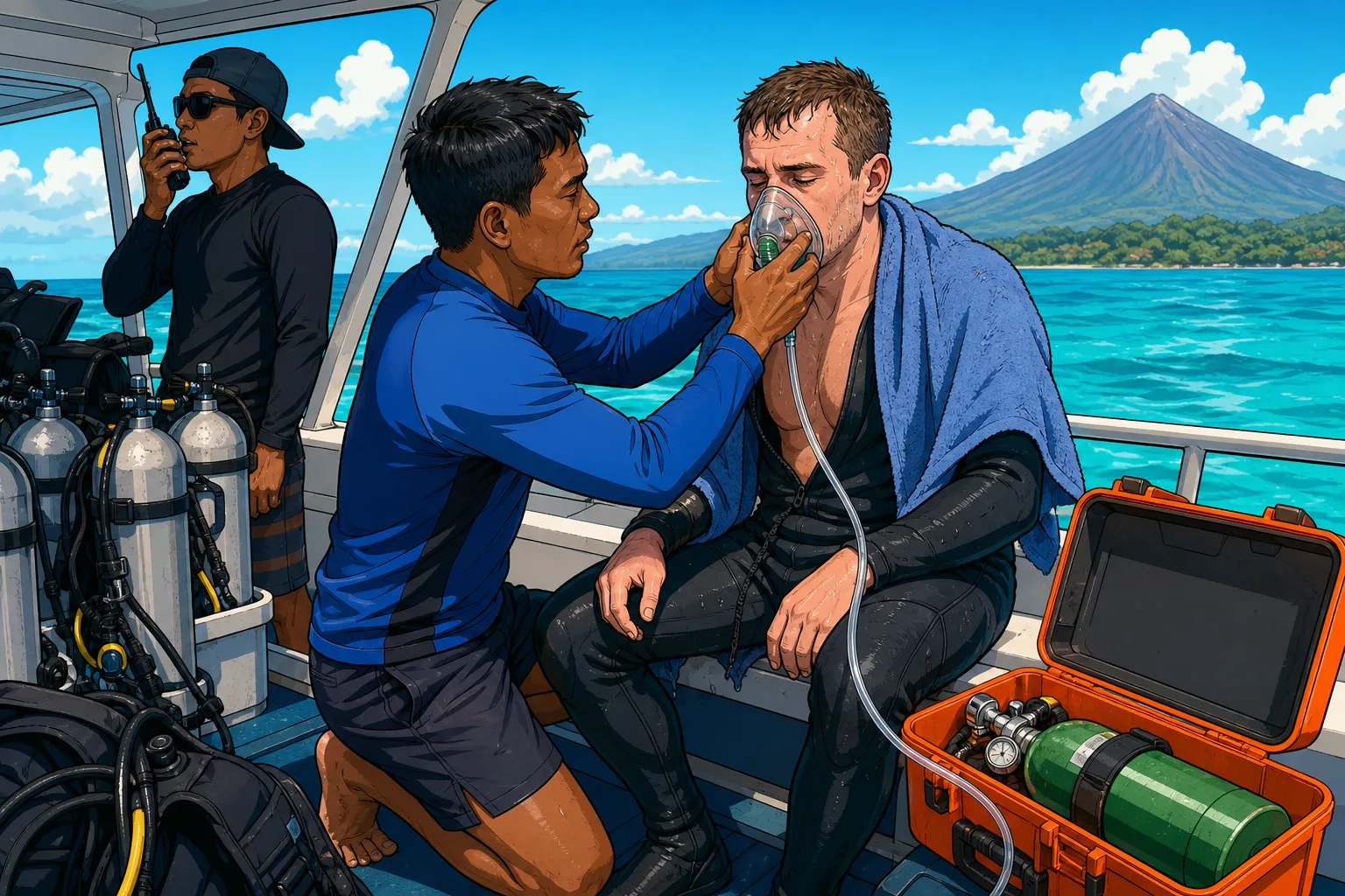 Cel-shaded scene on the deck of an Indonesian dive boat where a guide in a blue rash guard holds a non-rebreather oxygen mask to a seated diver in a half-peeled wetsuit, with a green emergency oxygen cylinder in an open orange hard case and a crew member radioing for help
